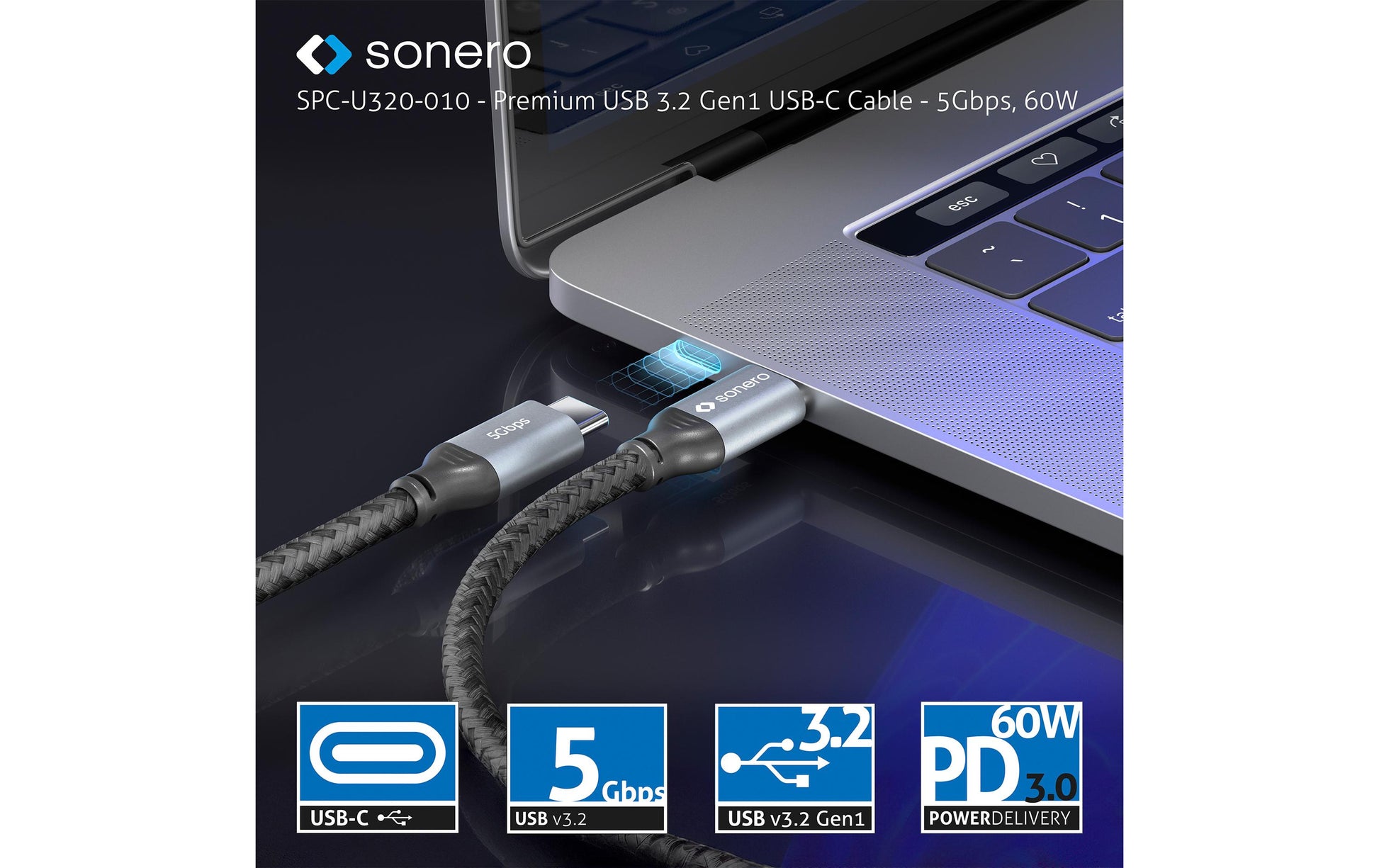 Sonero – USB-C auf USB-C Kabel – USB 3.2 Gen 1 (5 Gbit/s) – 1 m – PD 60 W – Geflochten – Schwarz/Grau