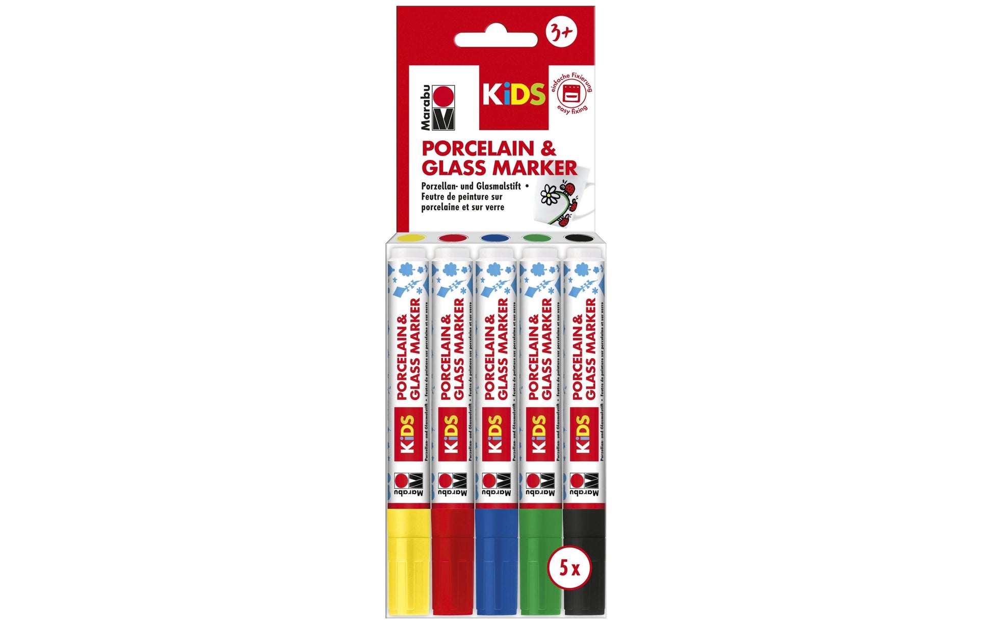 Marabu Porzellan- & Glasmarker – 5 Farben, 5 Stück, geruchsarm, hitzebeständig bis 160 °C – für Porzellan & Glas