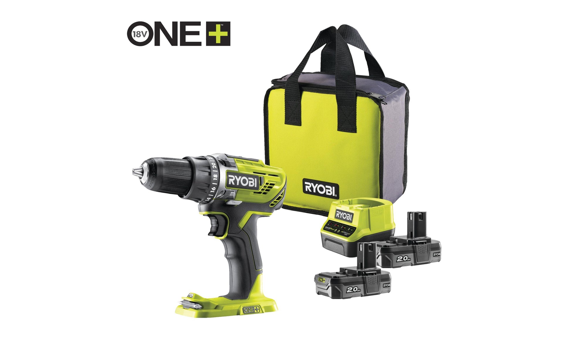 Ryobi Akku-Bohrschrauber R18DD3-220S – 18 V (ONE+) – Schnellspannbohrfutter – 50 Nm – 2×2,0 Ah & Ladegerät