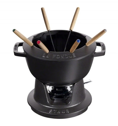 Staub Fondue-Set – Ø 20 cm, Gusseisen, für Käsefondue, Teelichter, Schwarz, 6 Pers., 5 Teile