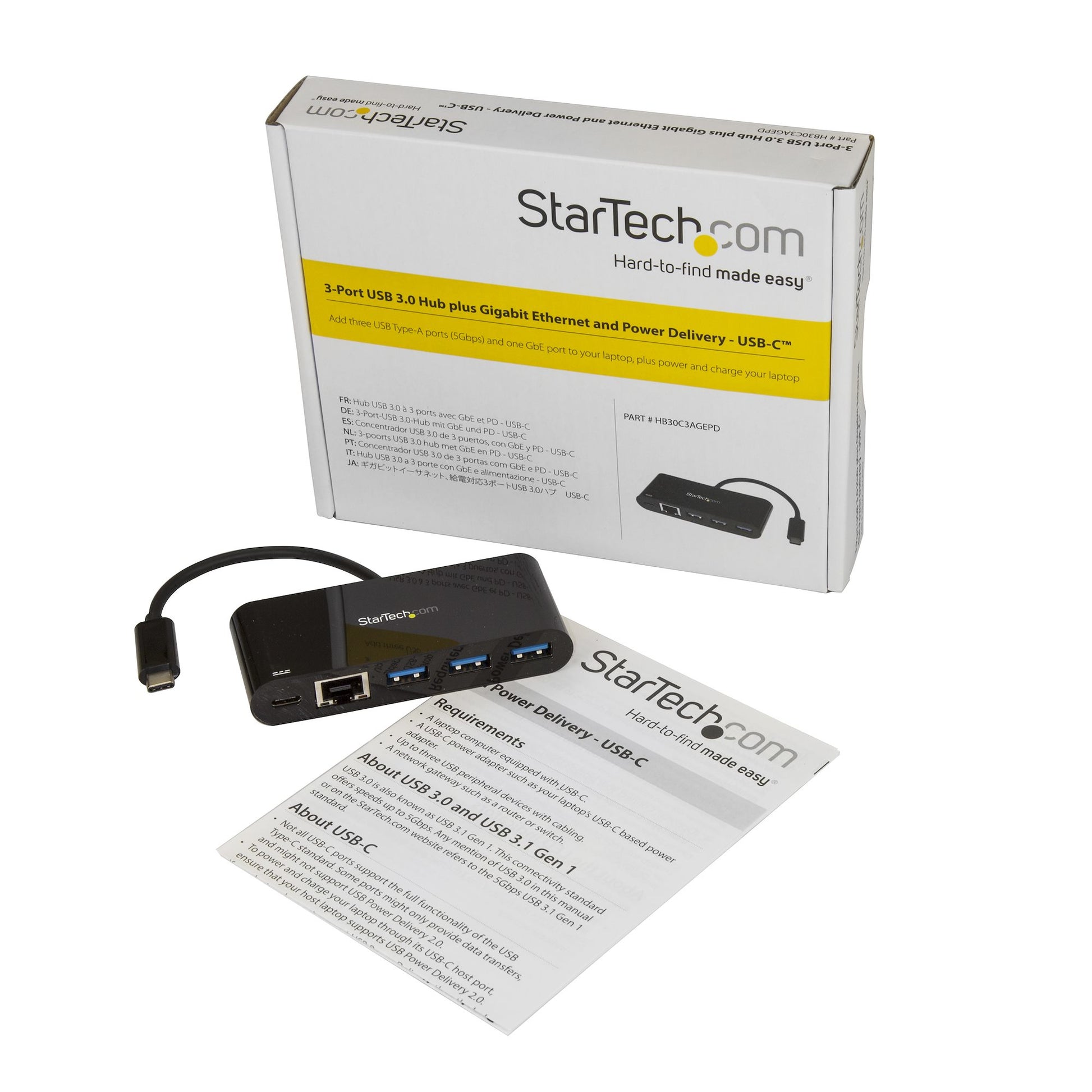 StarTech.com 3PT USB-Hub – USB-C, 3× USB-A, 60 W PD, GbE, für Windows/Mac/Linux
