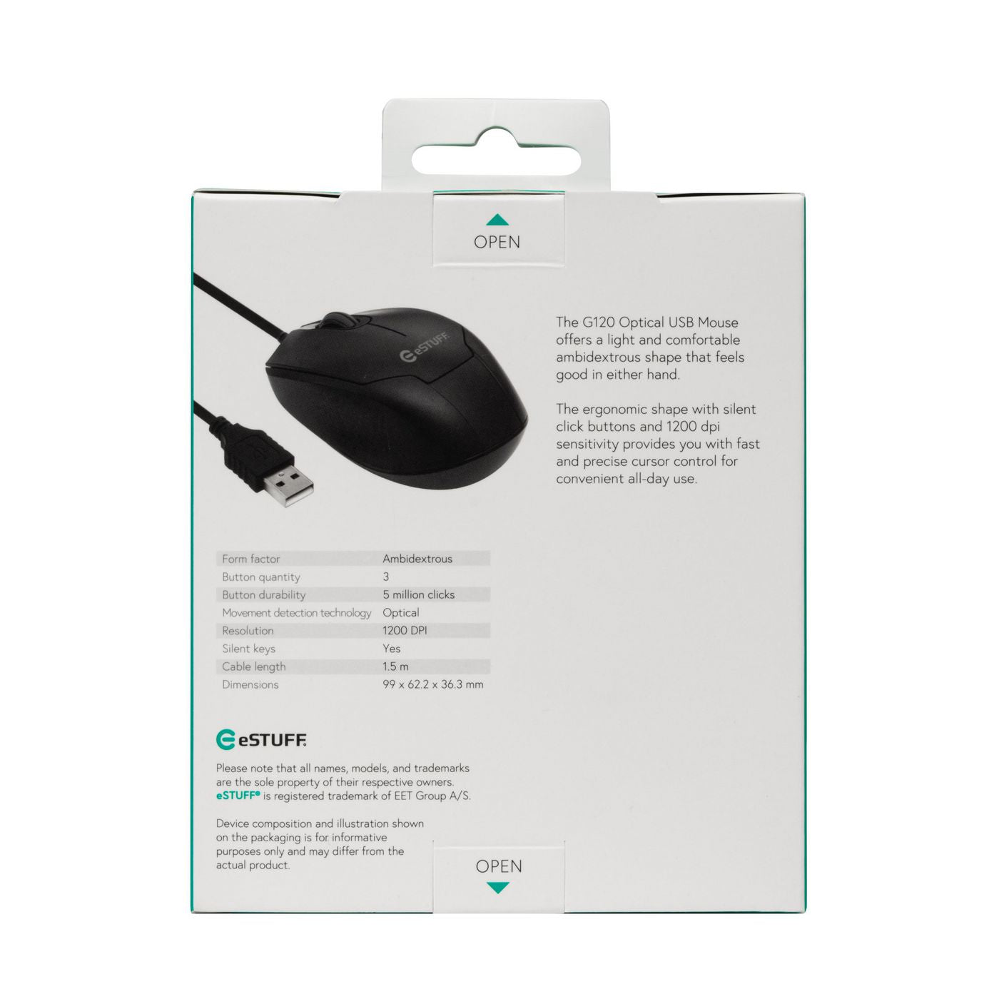eSTUFF G120 – Maus – Kabelgebunden (USB‑A), beidhändig, Schwarz