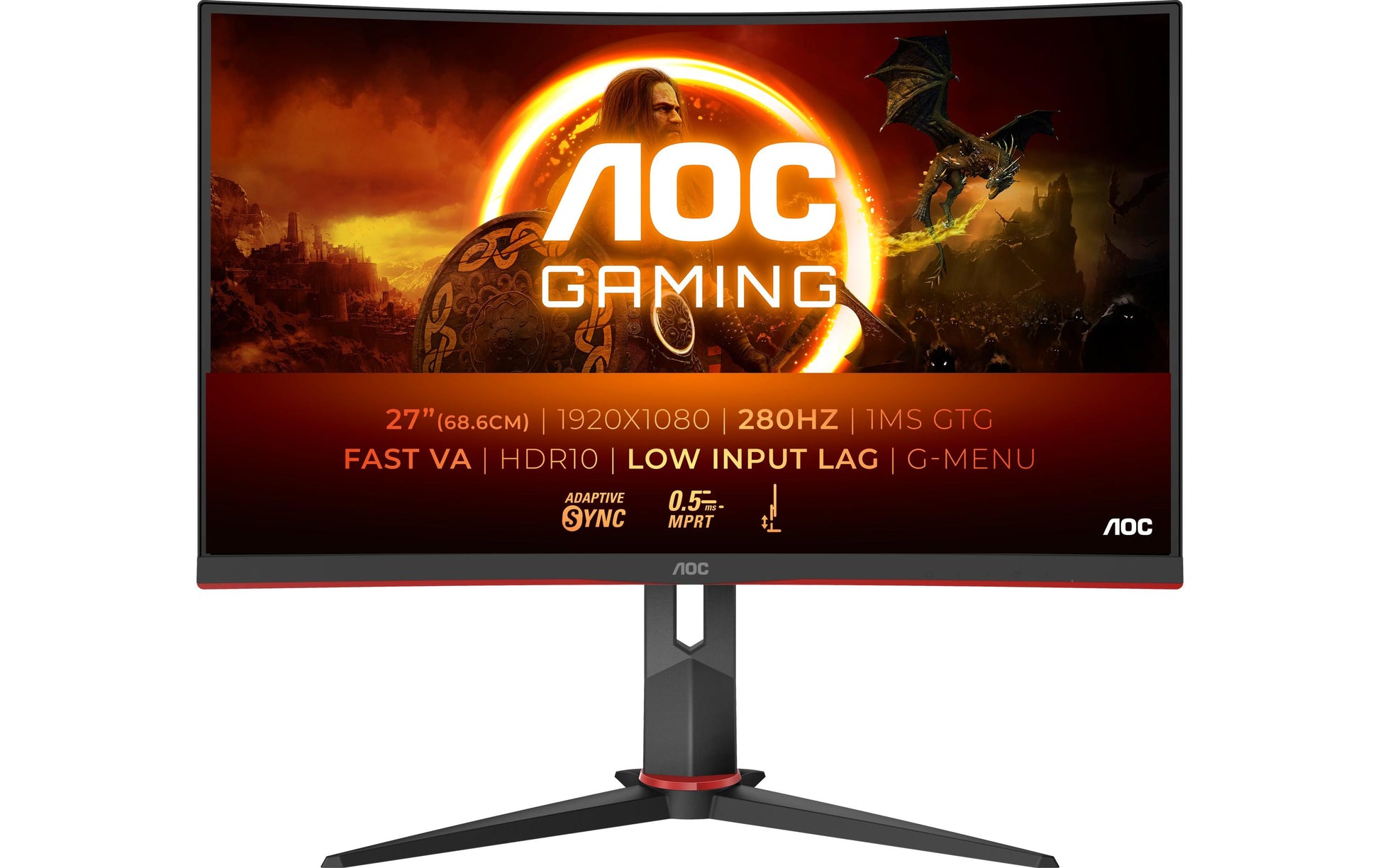 AOC C27G2Z3/BK – Monitor, 27" 1920 × 1080 (Full HD), VA, 280 Hz, 300 cd/m², Gebogen, VESA 100 × 100, Rot