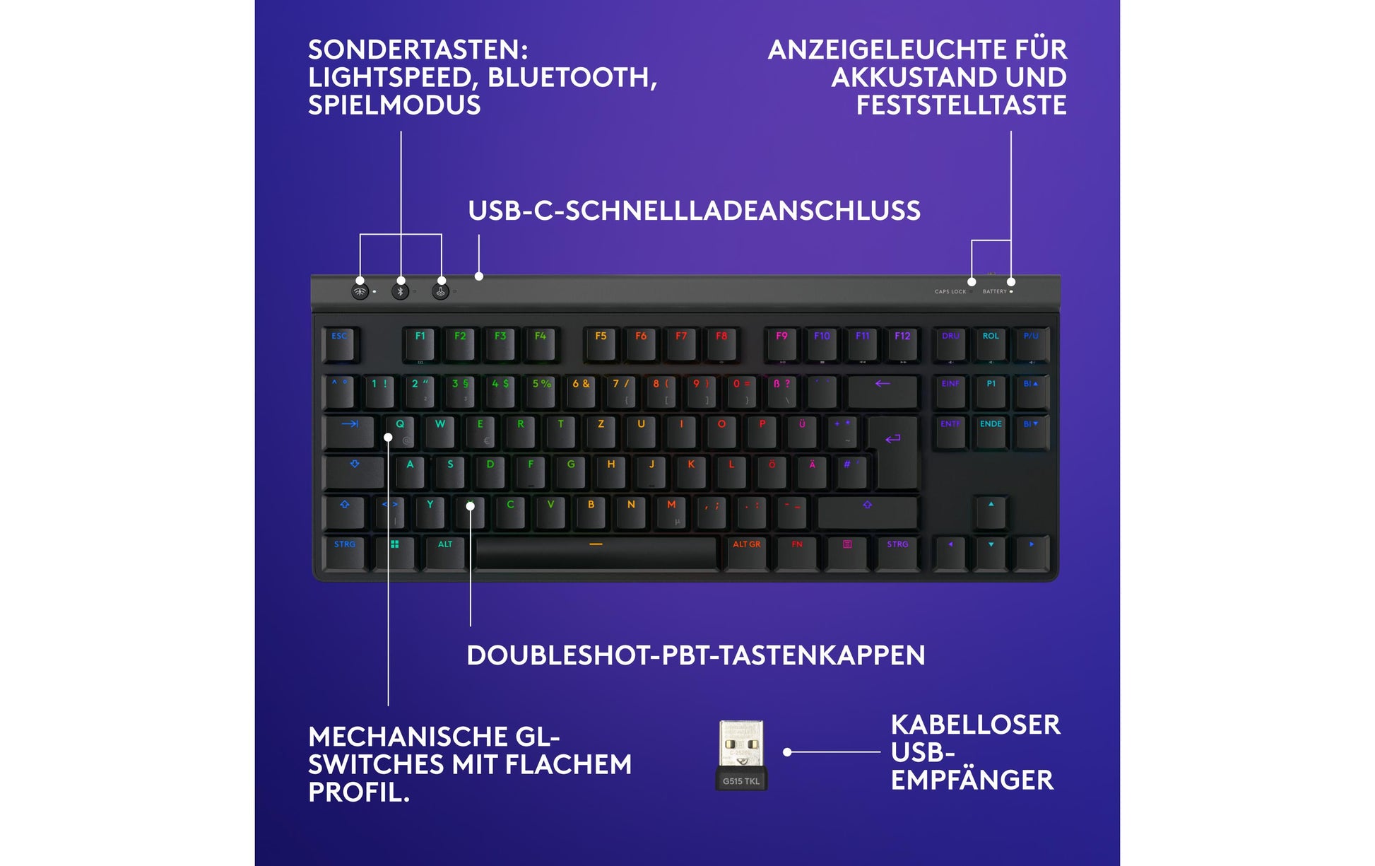 Logitech G G515 LIGHTSPEED TKL – mechanisch, RGB – Bluetooth & 2,4 GHz (Nano-Empfänger USB-A) – QWERTZ (CH)