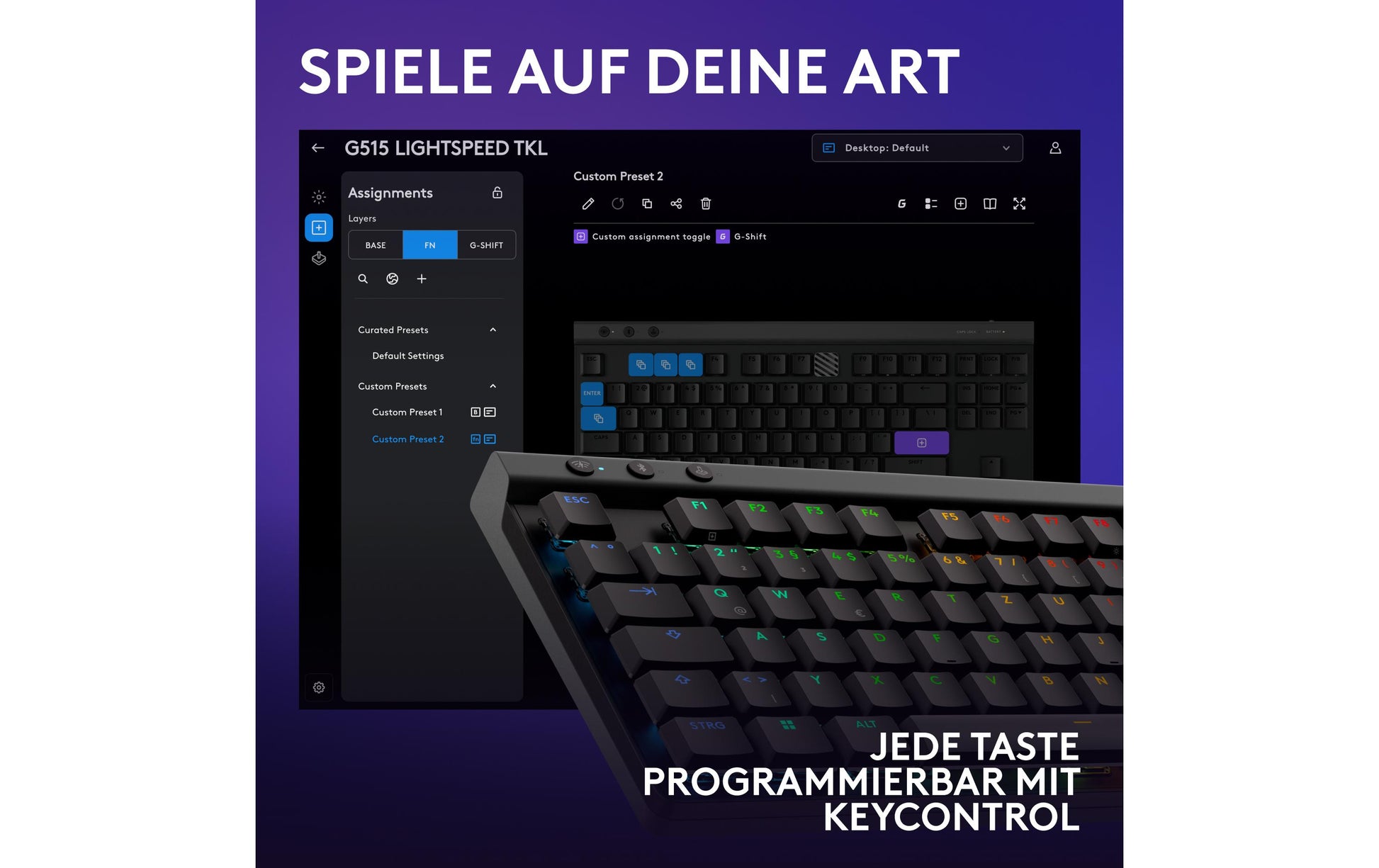 Logitech G G515 LIGHTSPEED TKL – mechanisch, RGB – Bluetooth & 2,4 GHz (Nano-Empfänger USB-A) – QWERTZ (CH)