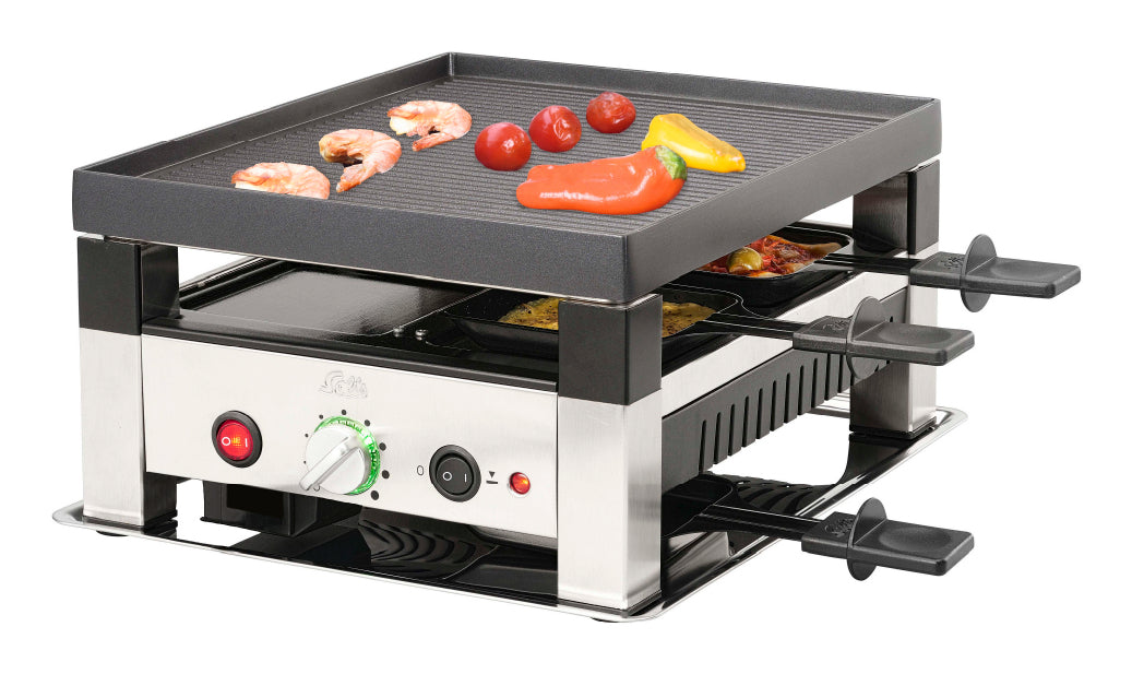 Solis Raclette & Pizza Grill 7910 – 4 Personen, Grillfläche 30 × 24 cm, 1020 W – schwarz/edelstahl