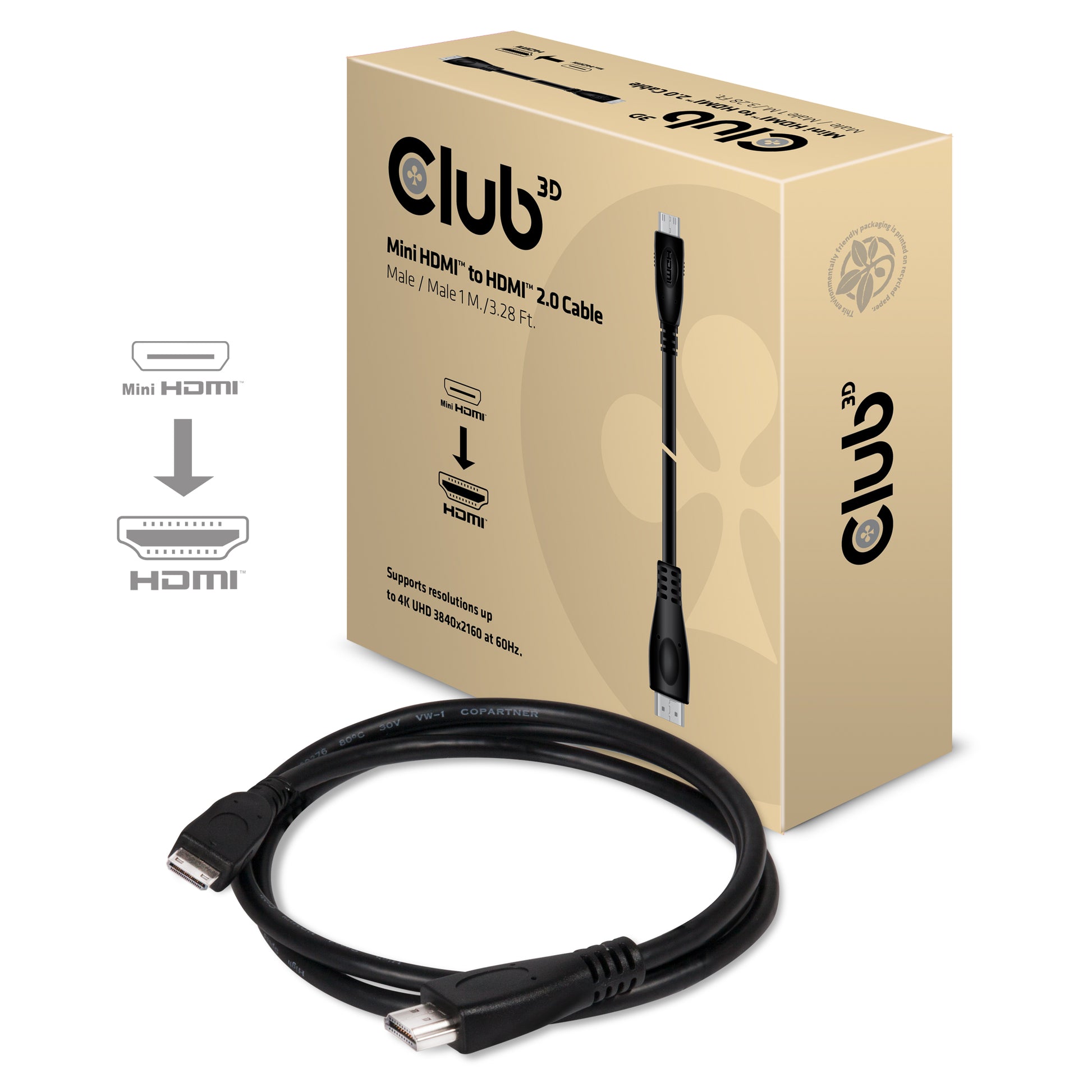 CLUB3D Club 3D Mini HDMI auf HDMI Kabel HDMI 2.0 4K 60 Hz – 1 m – HDR