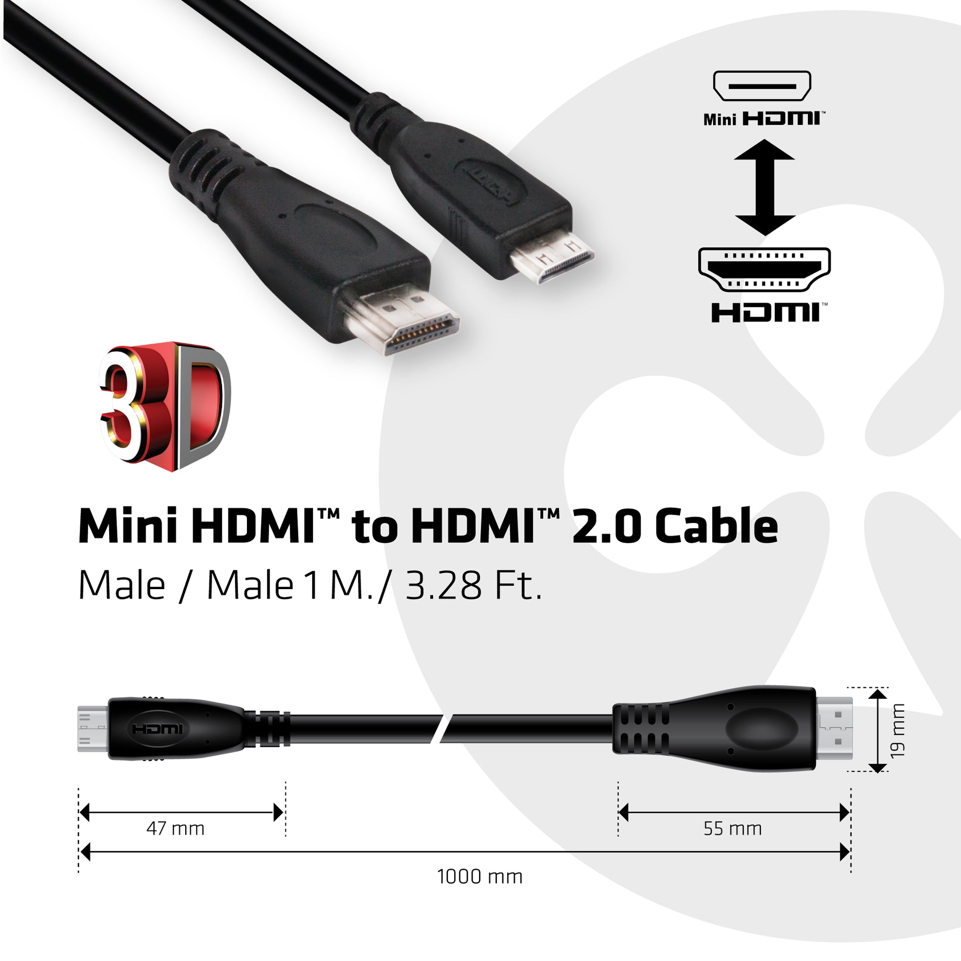 CLUB3D Club 3D Mini HDMI auf HDMI Kabel HDMI 2.0 4K 60 Hz – 1 m – HDR