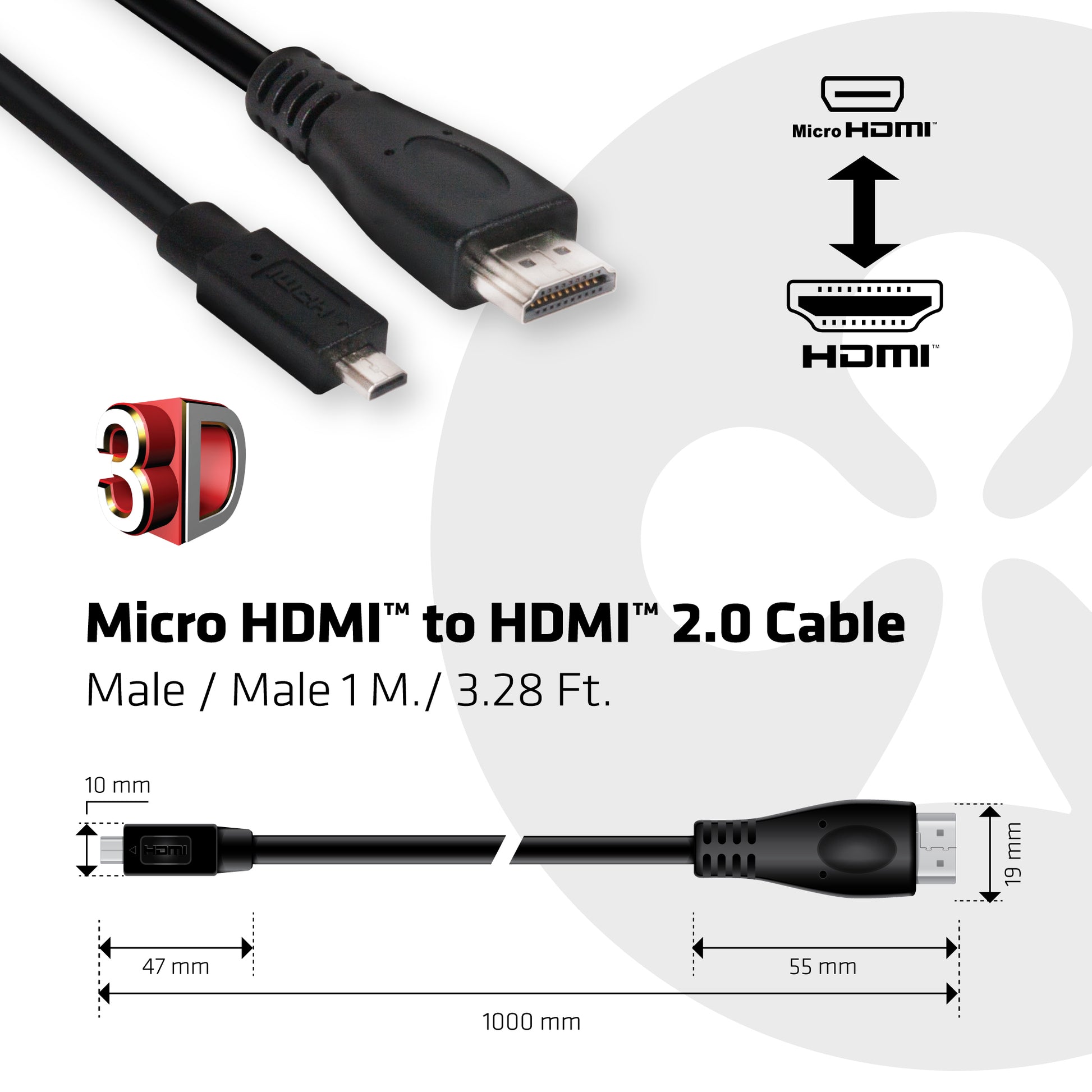 CLUB3D Micro-HDMI auf HDMI Kabel HDMI 2.0 4K 60 Hz – 1 m