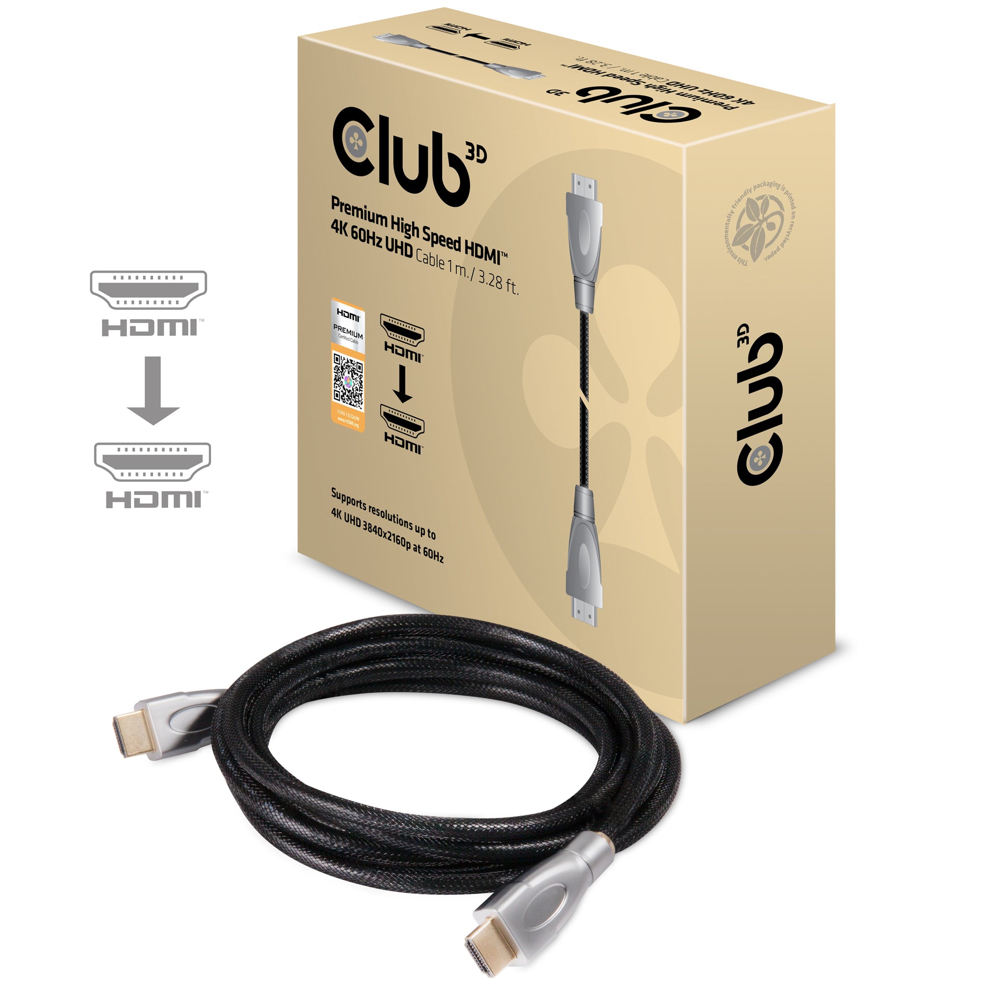 CLUB3D HDMI Kabel HDMI 2.0 4K 60 Hz – 1 m – Schwarz/Silber