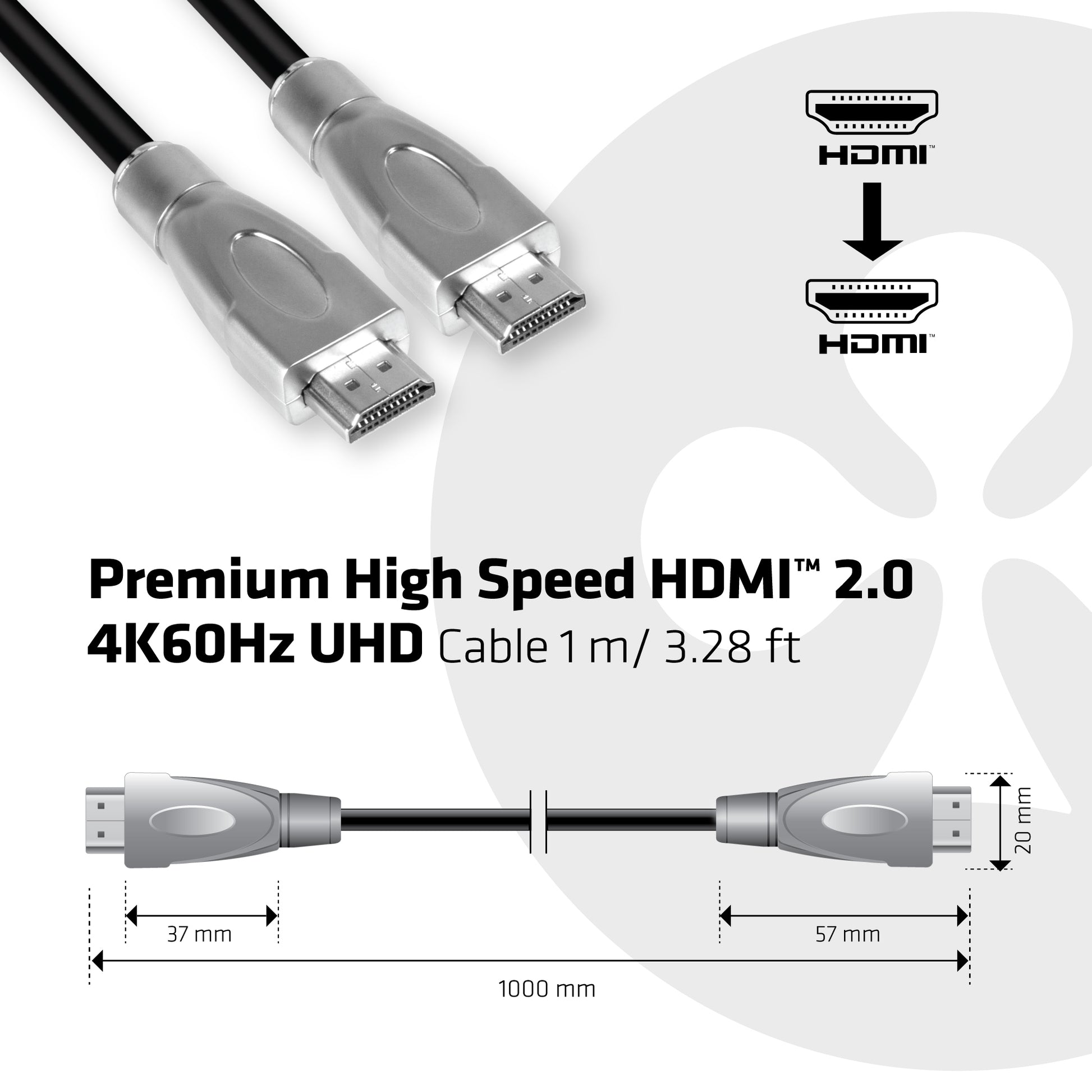 CLUB3D HDMI Kabel HDMI 2.0 4K 60 Hz – 1 m – Schwarz/Silber