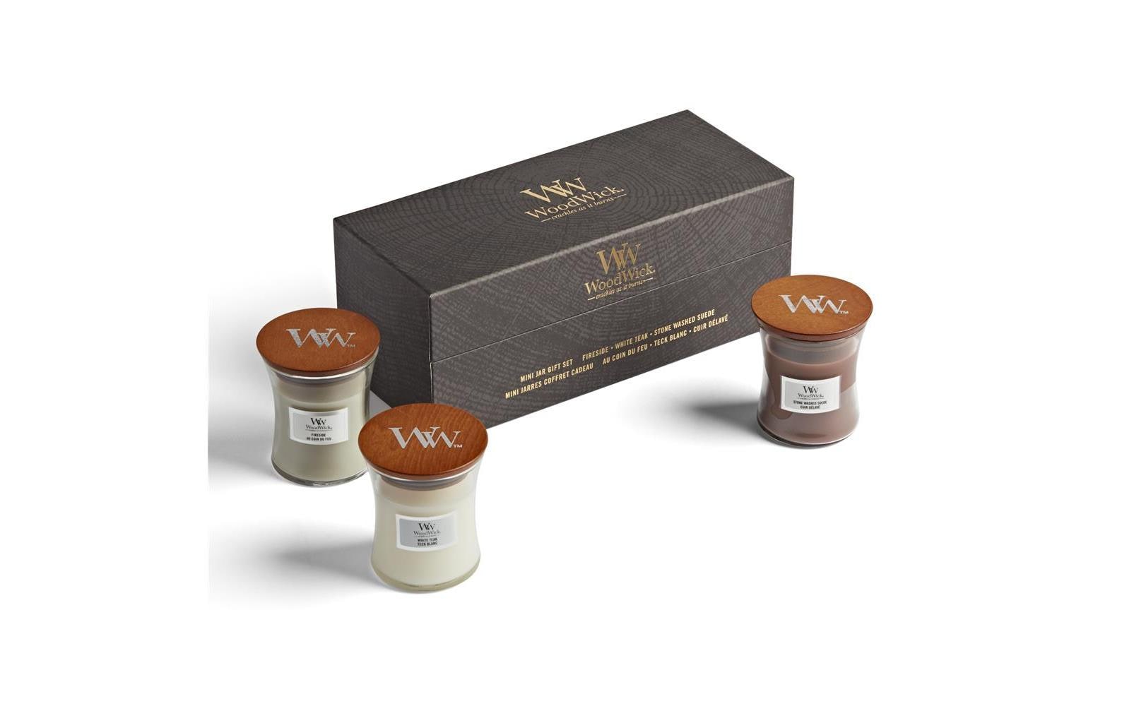 WoodWick Duftkerze Mini Jar Woody Geschenkset, braun/weiß, Glas, Ø 7 cm, H 8 cm, 3er-Set