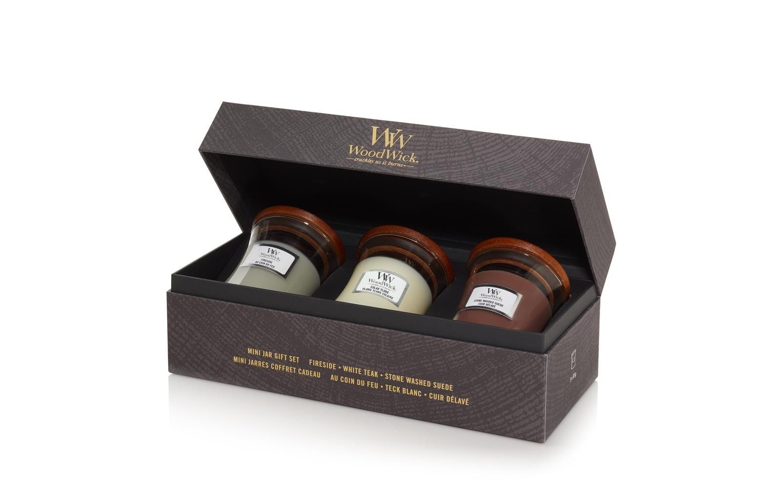 WoodWick Duftkerze Mini Jar Woody Geschenkset, braun/weiß, Glas, Ø 7 cm, H 8 cm, 3er-Set