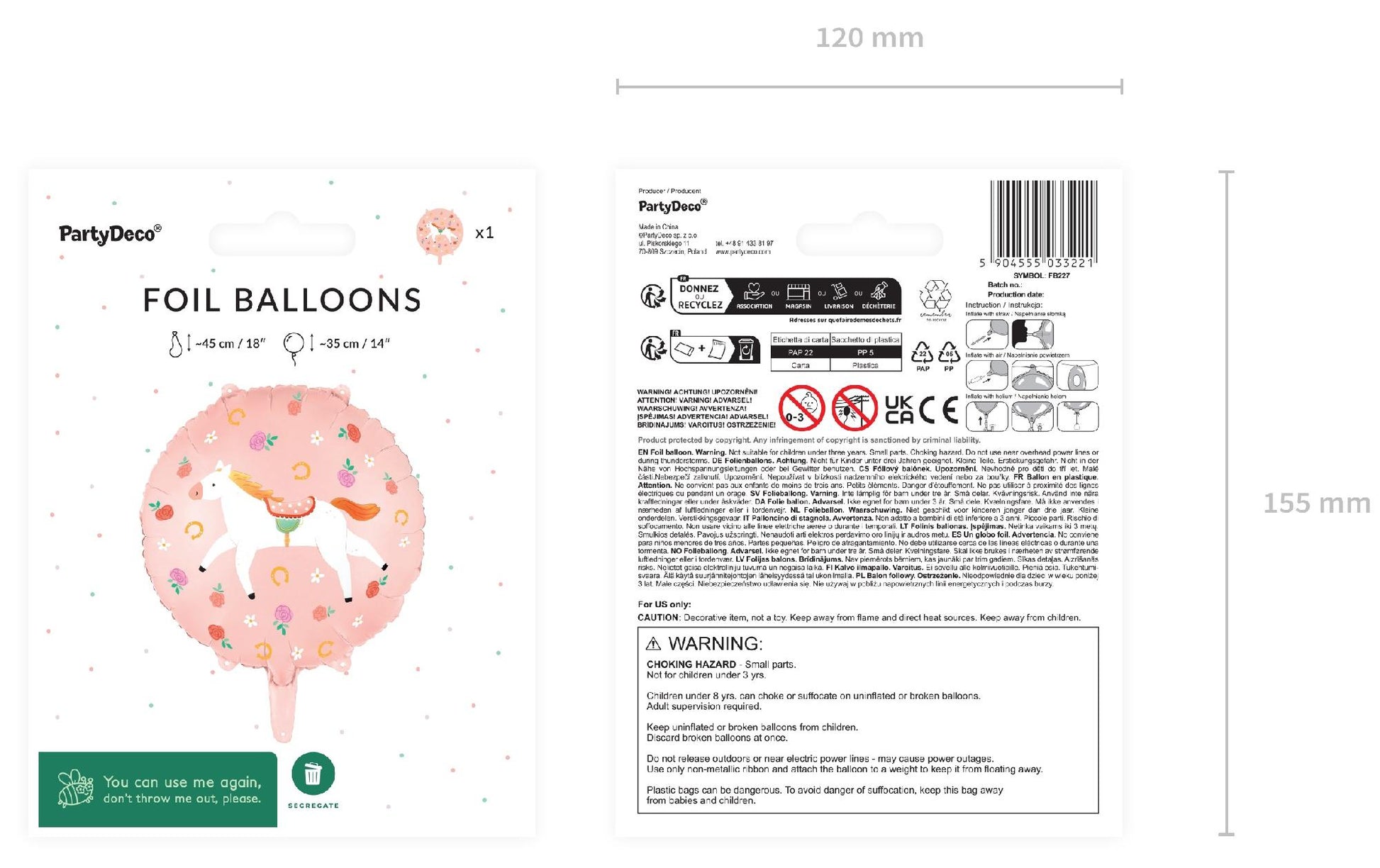 PartyDeco Folienballon Pferd – Mehrfarbig – 35 cm – Folie – 1 Stk