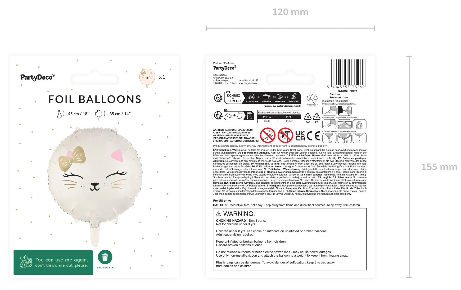 PartyDeco Folienballon Katze – Mehrfarbig – 45 × 35 cm – 1 Stk