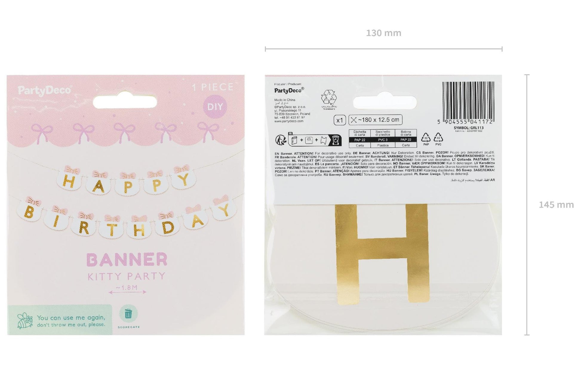 PartyDeco Fahnenbanner Happy Birthday Kätzchen – mehrfarbig – 280 × 12 cm – Papier – 1 Stk