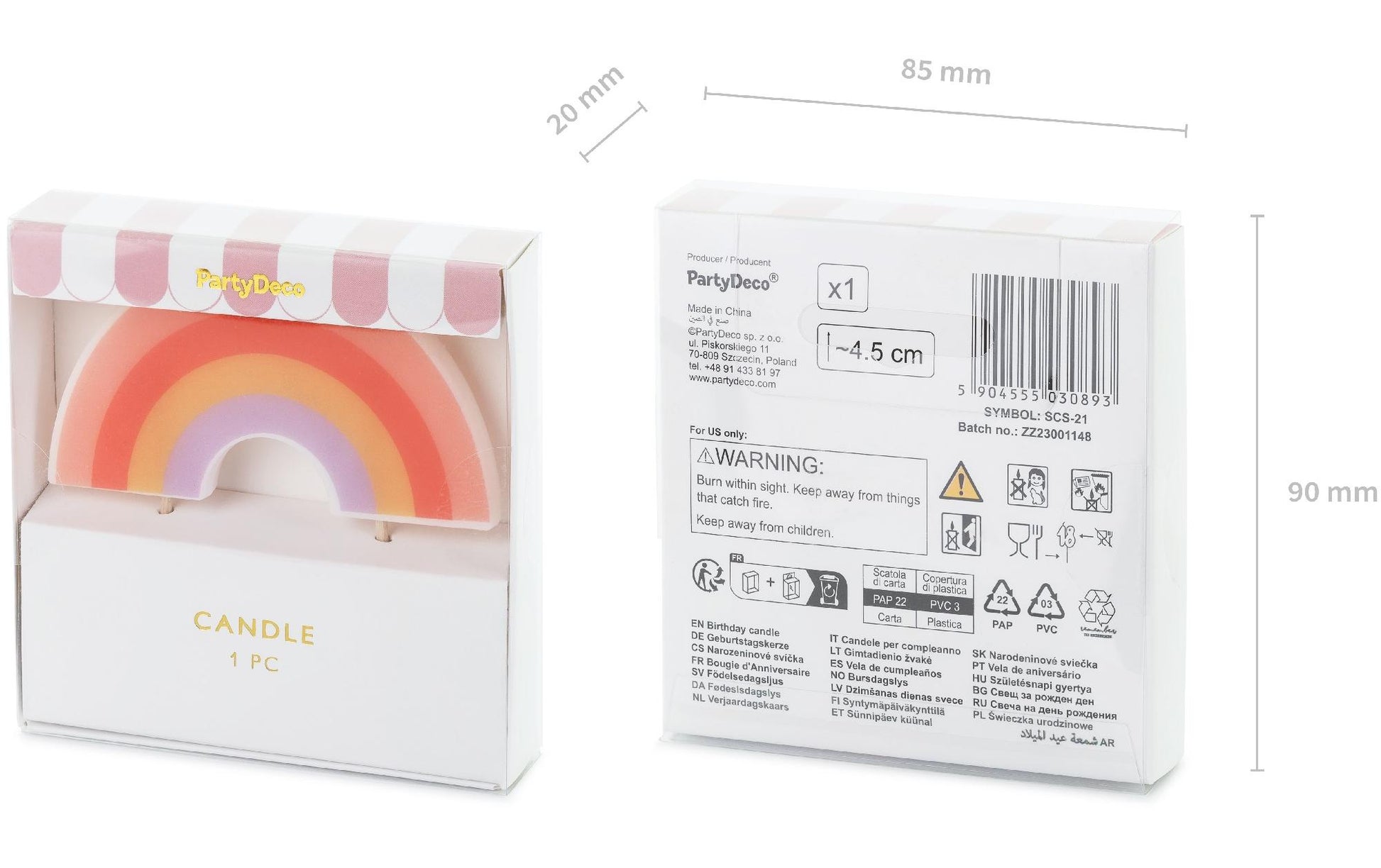 PartyDeco Geburtstagskerzen Regenbogen – mehrfarbig – 4,5 cm – 1 Stk