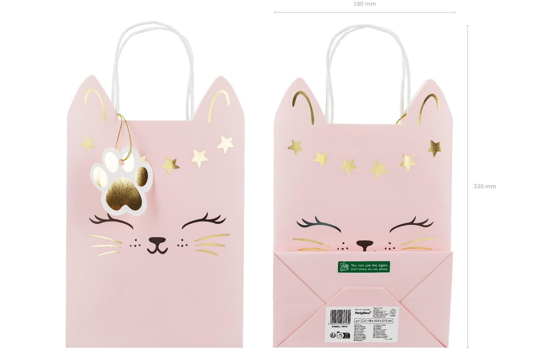 PartyDeco Geschenktasche Katze – 180 × 275 × 105 mm – Seilgriff, Anhänger (Katzenpfote) – 1 Stk. – Weihnachten