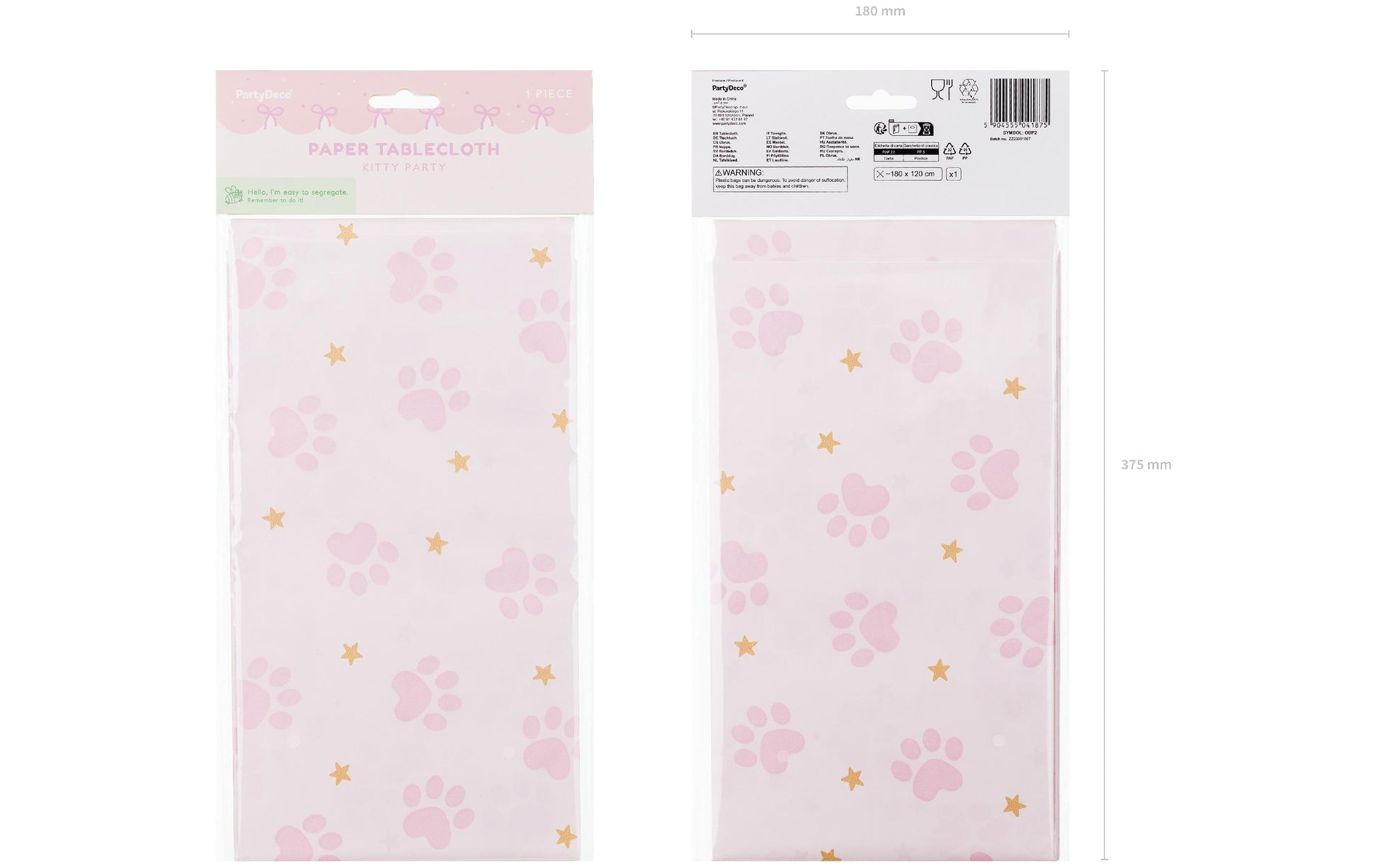 PartyDeco Tischdecke – 180×120 cm, Papier, Creme/Pink, Pfoten