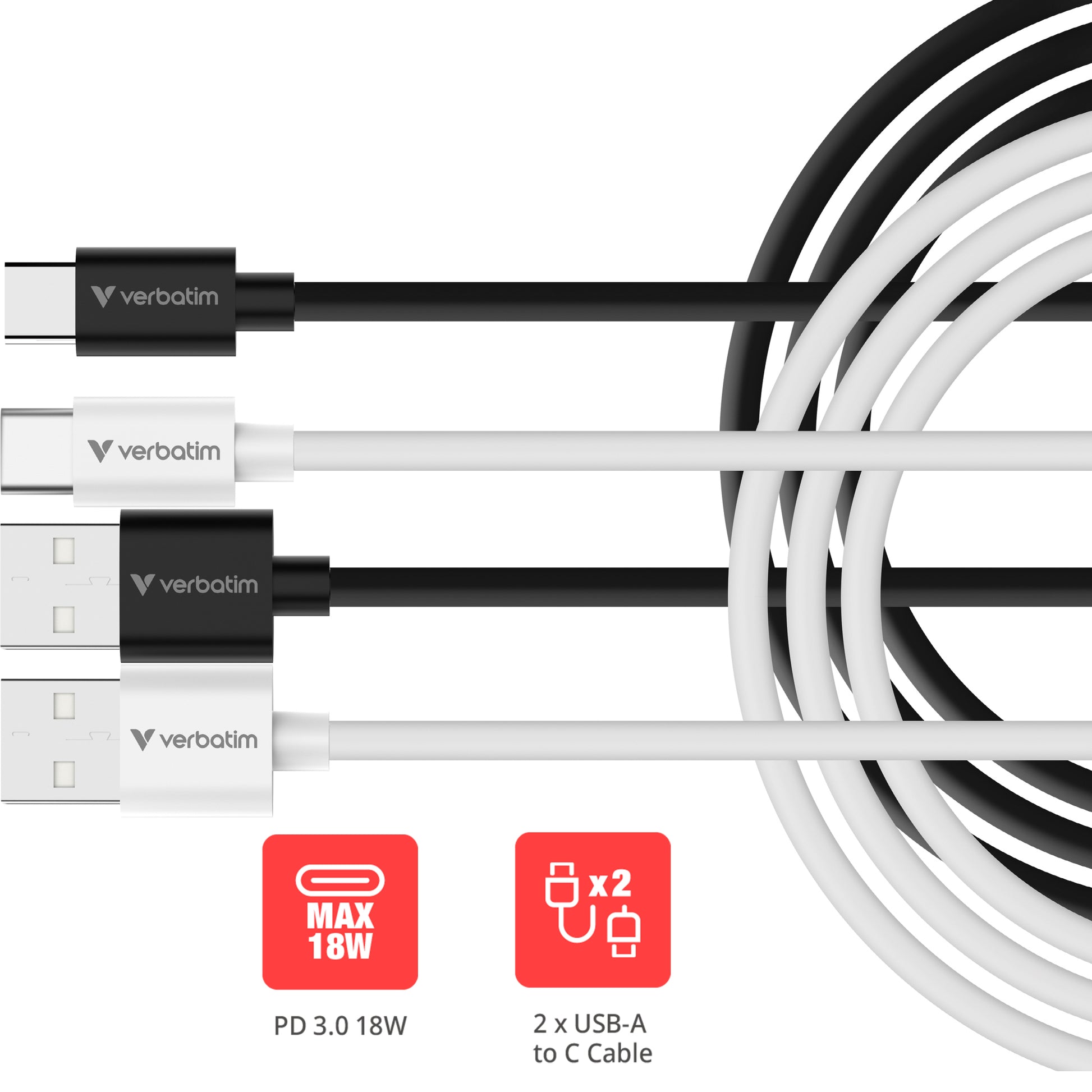 Verbatim USB-A auf USB-C Kabel – USB 2.0 (480 Mbit/s) – 1 m – PD 18 W – Flachkabel – 2er-Set