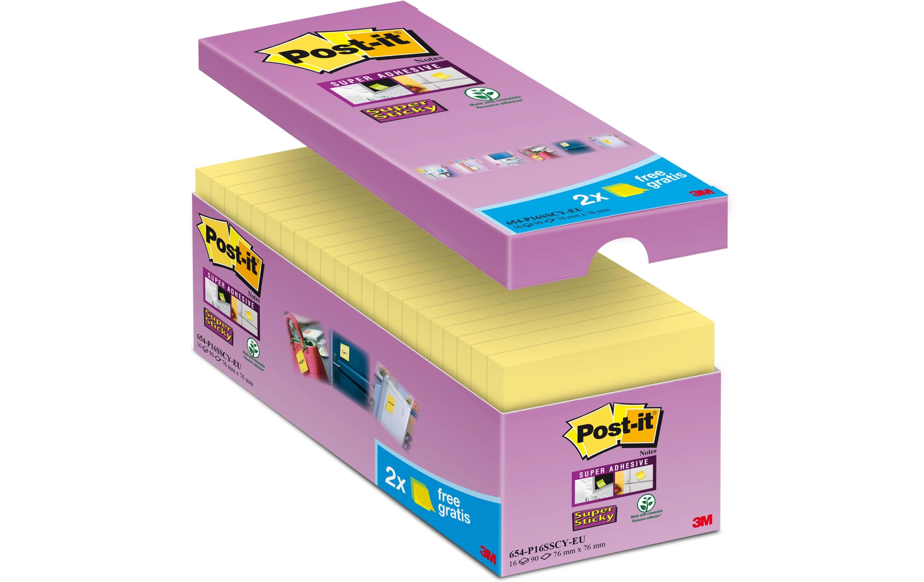 Post-it Haftnotizen Super Sticky – 76×76 mm – gelb, 16×90 Blatt, PEFC