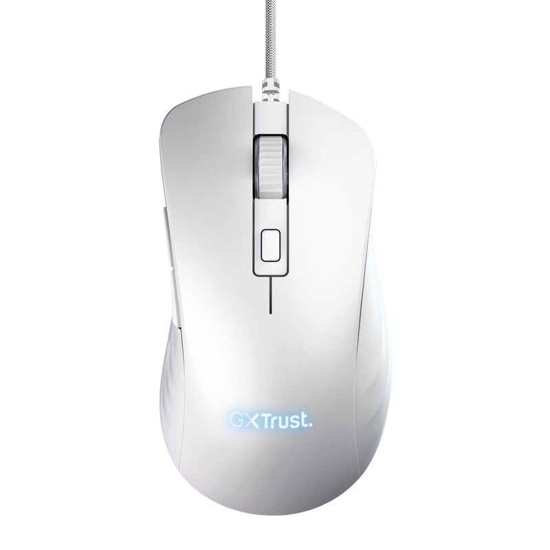 Trust GXT 924W YBAR+ Gaming-Maus – kabelgebunden, 1'000 Hz, 6 Tasten, für Rechtshänder, RGB-Beleuchtung, weiss