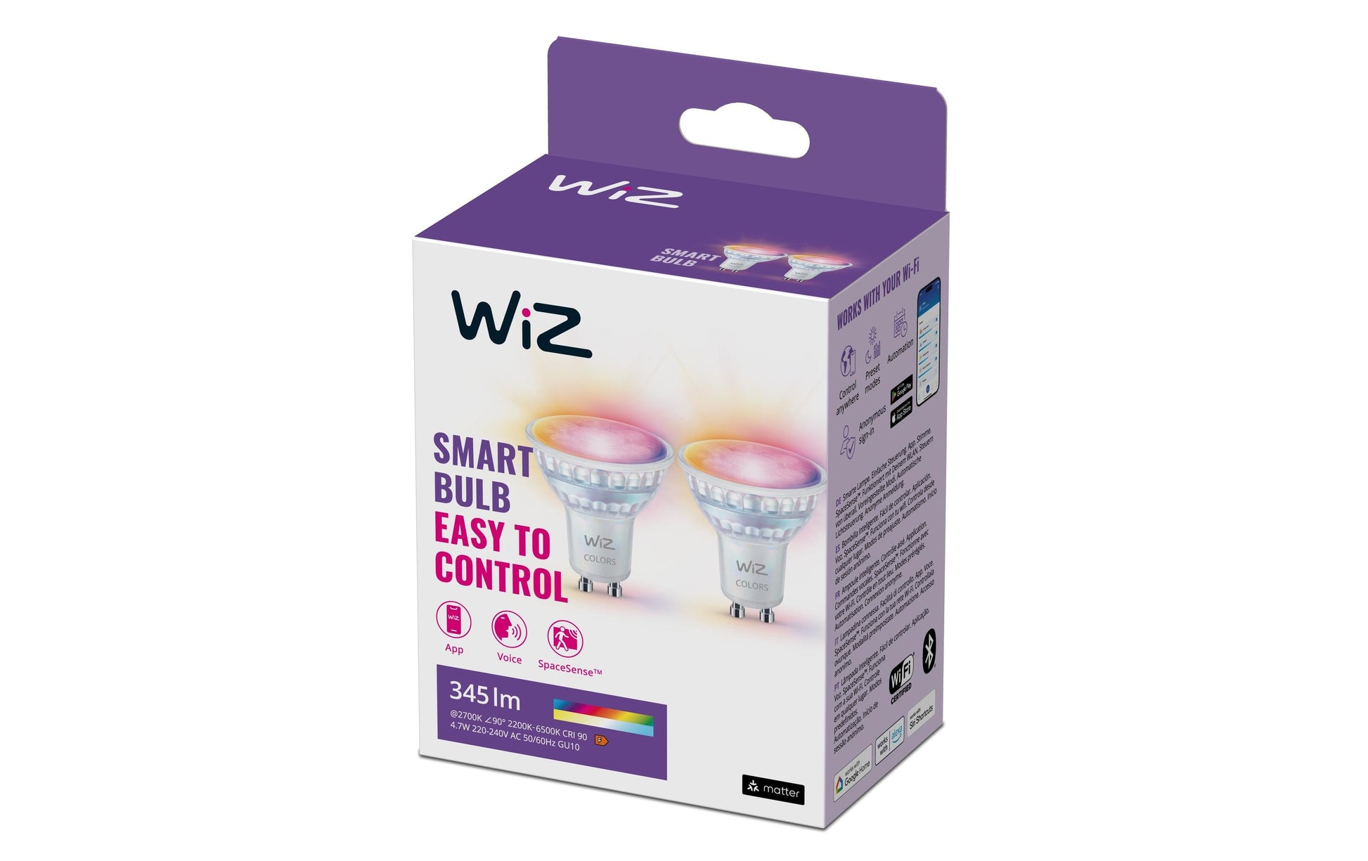WiZ Weiss & Farbe LED-Reflektor PAR16 GU10 2er-Pack – 4,7 W dimmbar, 2200–6500 K, für WiZ, WLAN und Bluetooth
