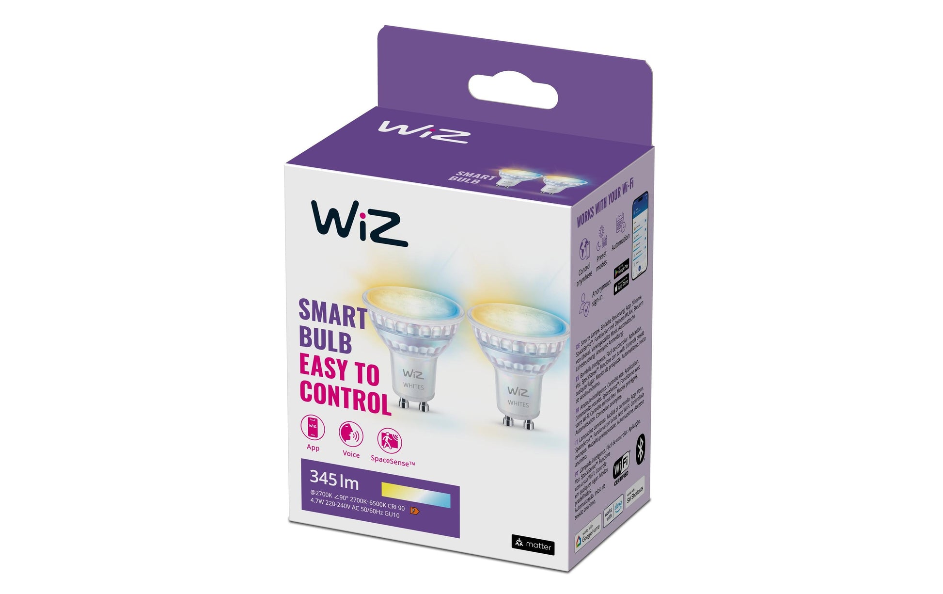 WiZ Smart-Leuchtmittel – 2er Pack, GU10, 345 lm, 4,7 W, 2700–6500 K, dimmbar, WiFi/BT, für WiZ/Matter, Weiss