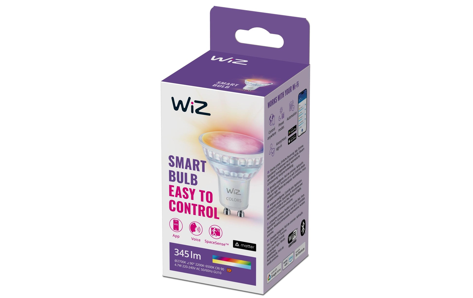 WiZ Smart-Leuchtmittel GU10 – Einstellbares Weiss 2200–6500 K, 345 lm, 4,7 W, WLAN/Bluetooth, Matter – für WiZ
