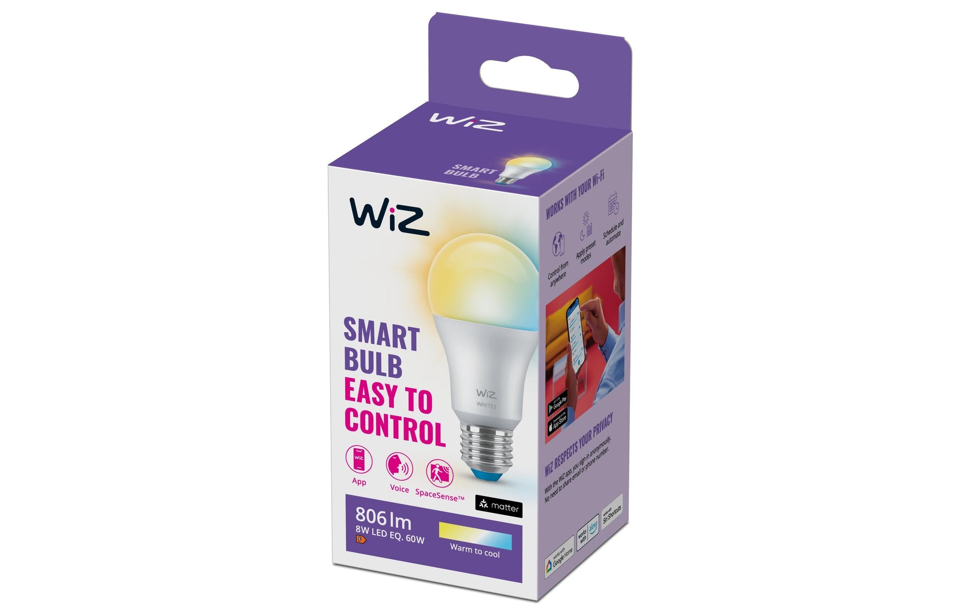WiZ Smart-Leuchtmittel E27 A60 – 806 lm, 2700–6500 K, WLAN, dimmbar – Weiss