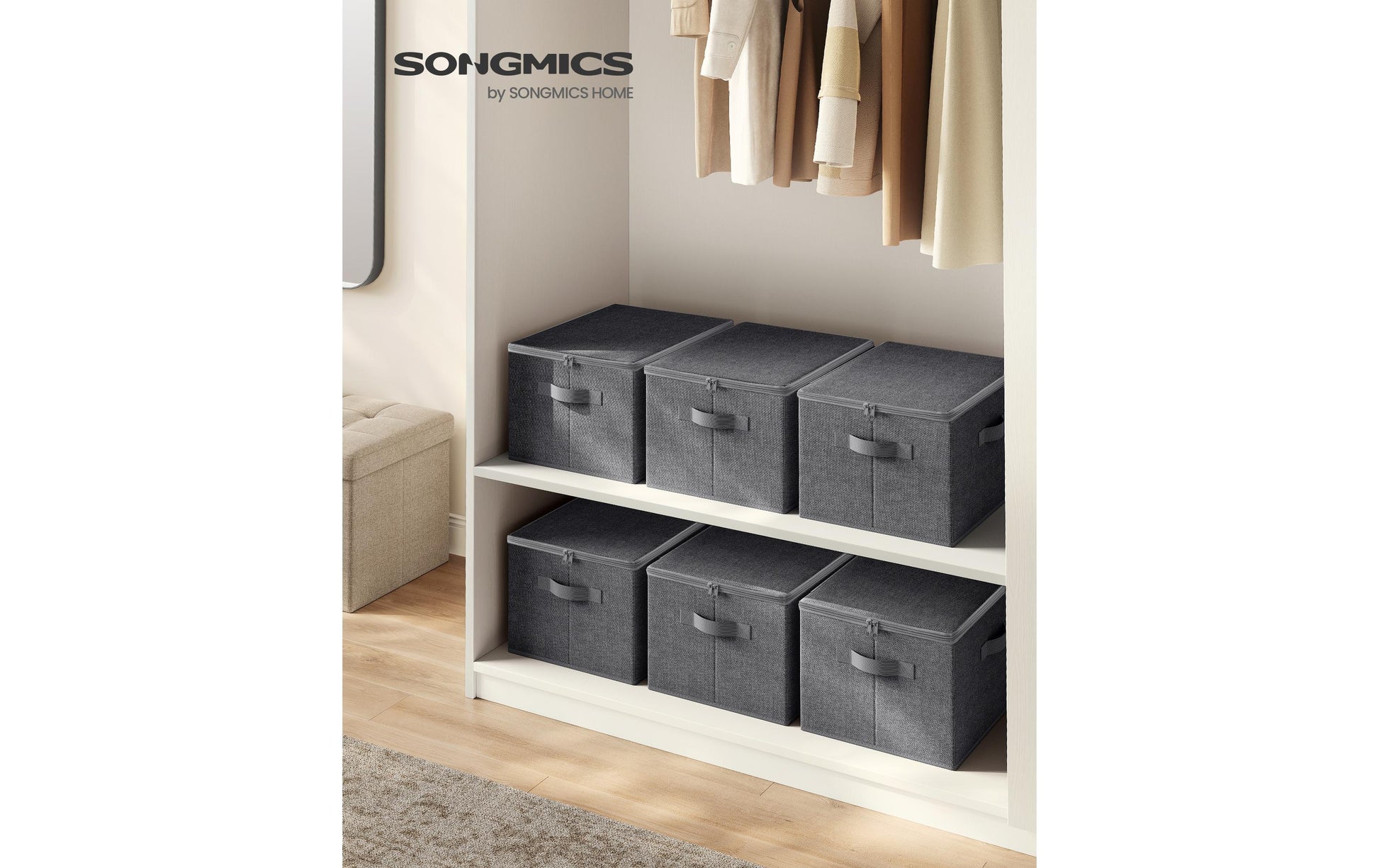 Songmics RYZB03G Aufbewahrungsbox (mit Deckel) – Textil – Grau – mit Griff – 400 × 300 × 250 mm – 3-teiliges Set
