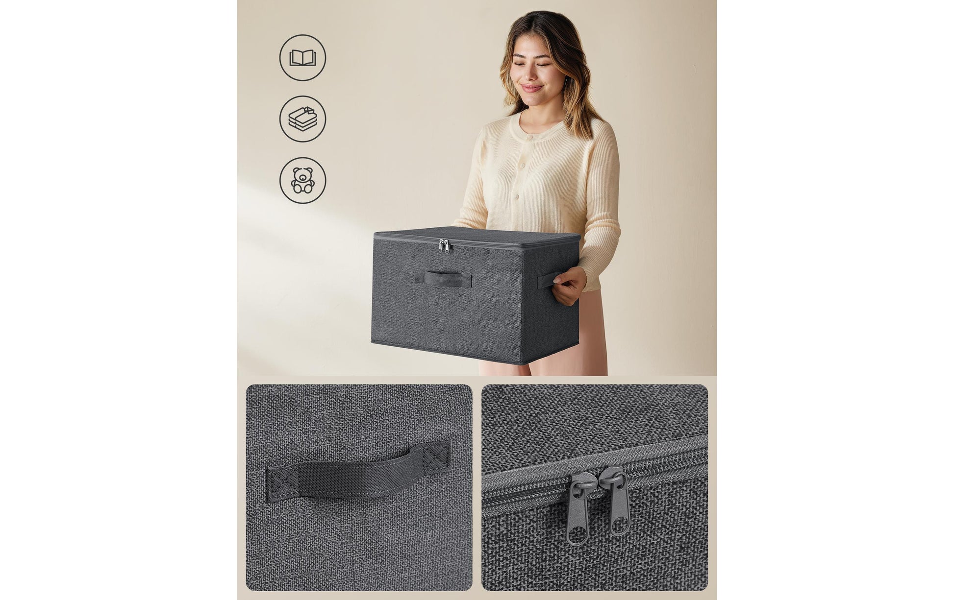 Songmics RYZB03G Aufbewahrungsbox (mit Deckel) – Textil – Grau – mit Griff – 400 × 300 × 250 mm – 3-teiliges Set