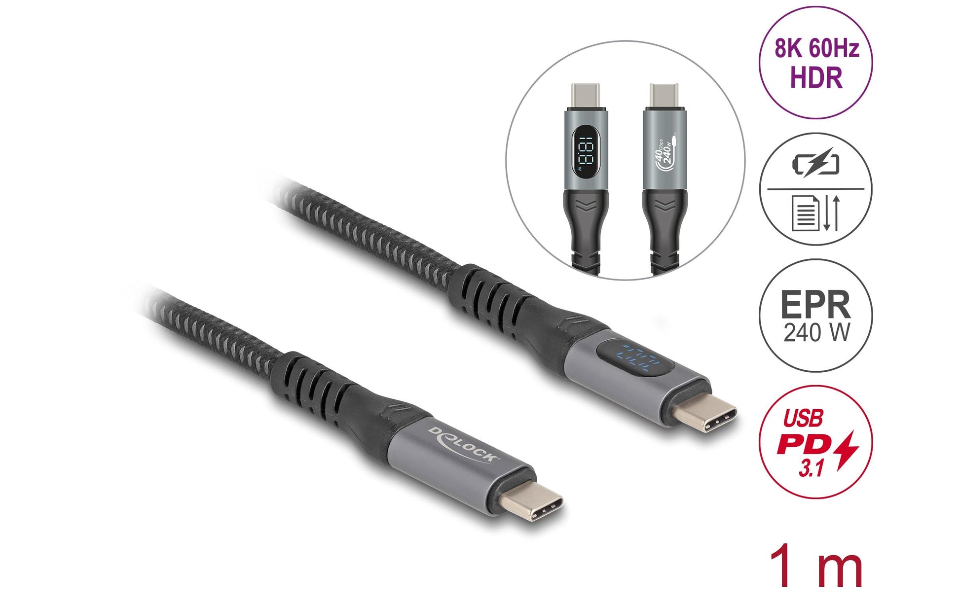 DeLOCK USB-Kabel – USB-C auf USB-C – USB4 40 Gbit/s – 1 m – PD 240 W – 8K/60, DP 1.4a
