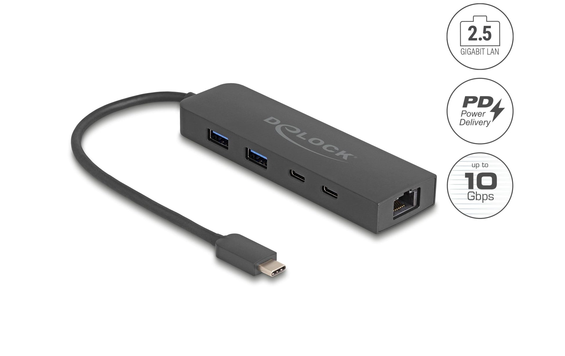 DeLOCK USB-Hub – USB-C, 2× USB-A, 85 W PD, 2,5GbE, für Windows/Mac/Linux