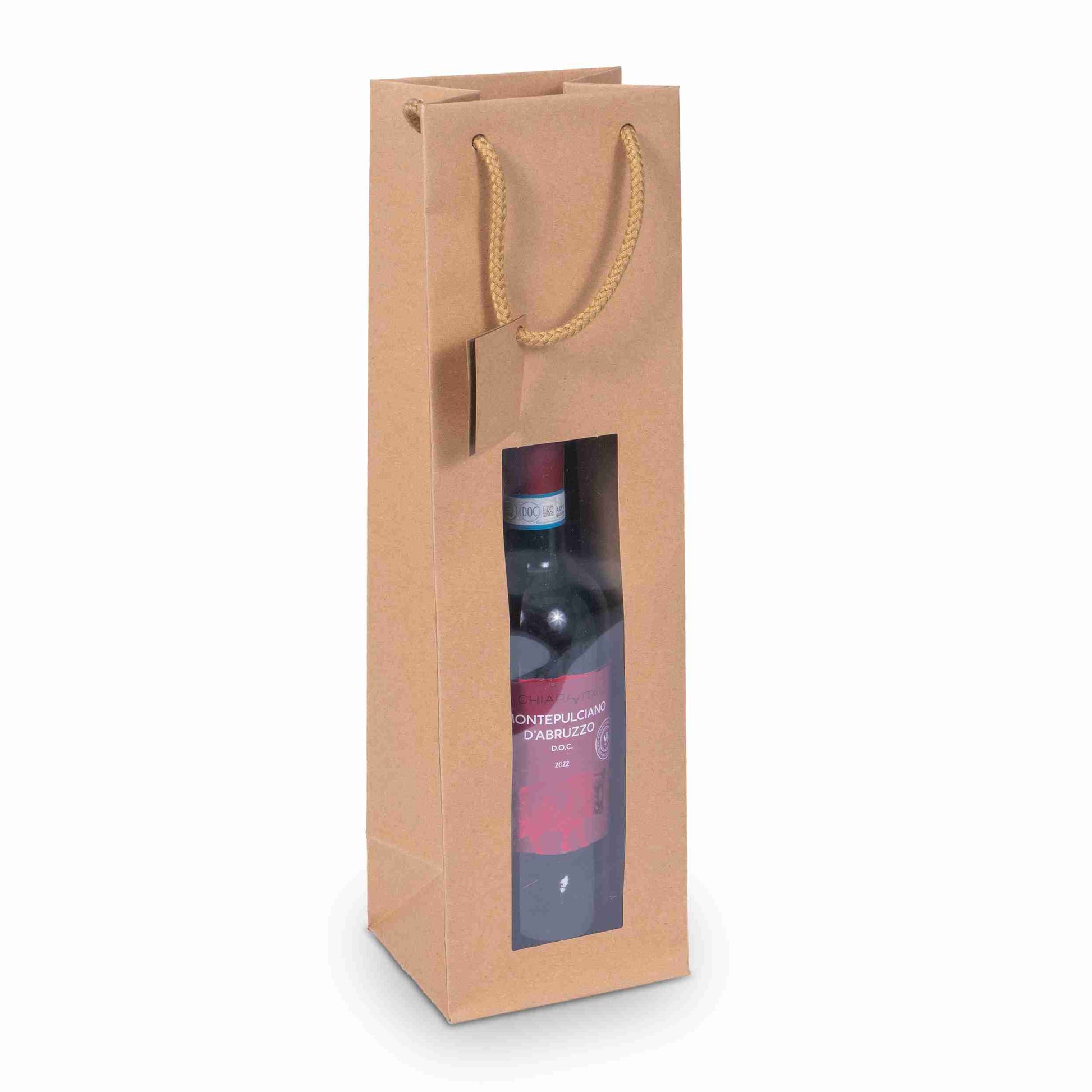 Flaschentüte mit Fenster, Papier, braun – für 1 Flasche (max. Ø 110 mm × 390 mm) – 1 Stk., ab 200 Stk.