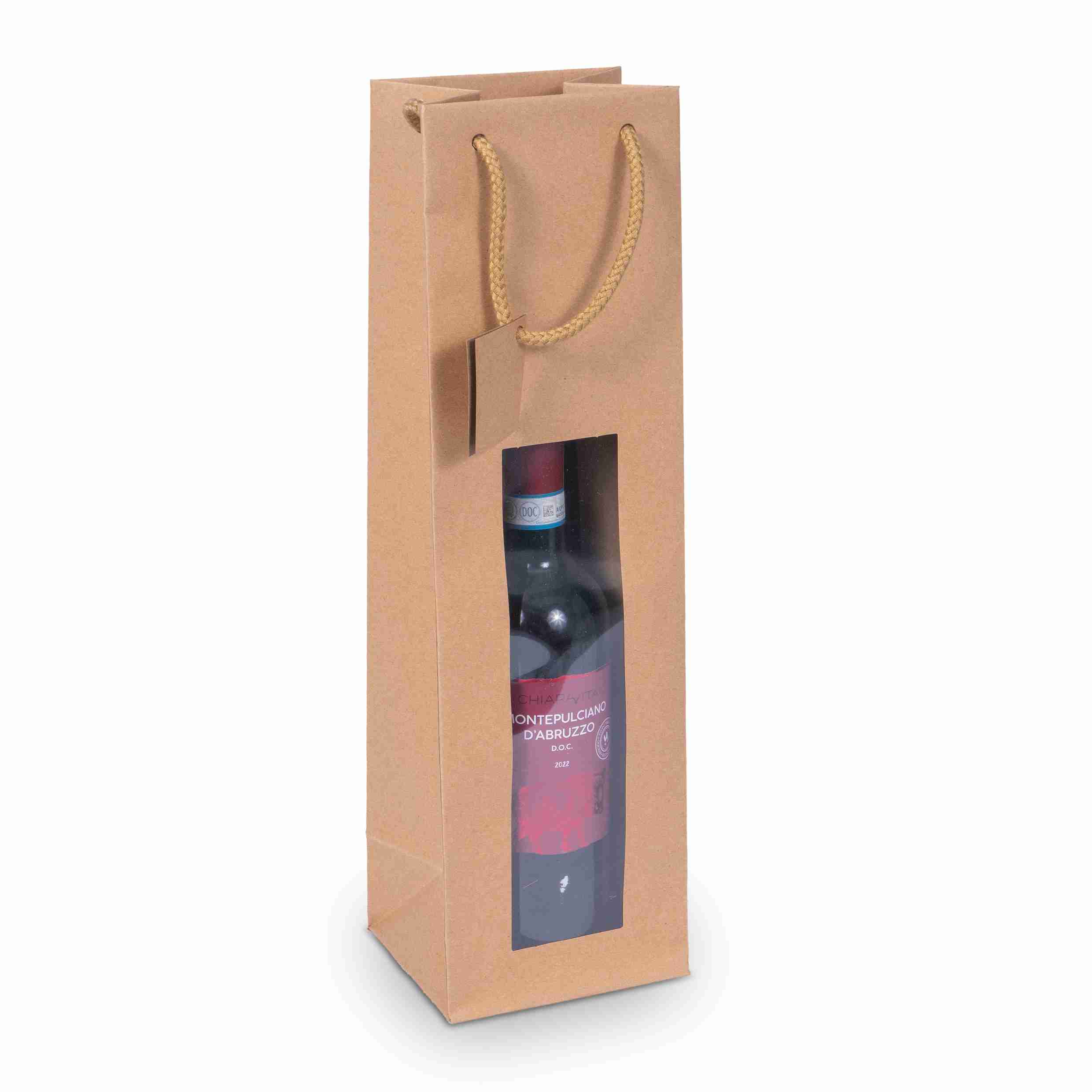Flaschentüte mit Fenster, Papier, braun – für 1 Flasche (max. Ø 110 mm × 390 mm) – 1 Stk., ab 200 Stk.