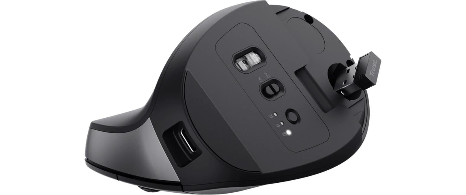 Trust Bayo+ Ergonomische Maus – kabellos, Bluetooth + 2,4 GHz (USB-A), 2'400 dpi, 6 Tasten, für Rechtshänder