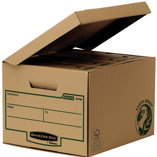 Fellowes Bankers Box Earth Archivschachtel A4 – Klappdeckel, Tragegriffe, stapelbar, braun, Karton, 10er Pack