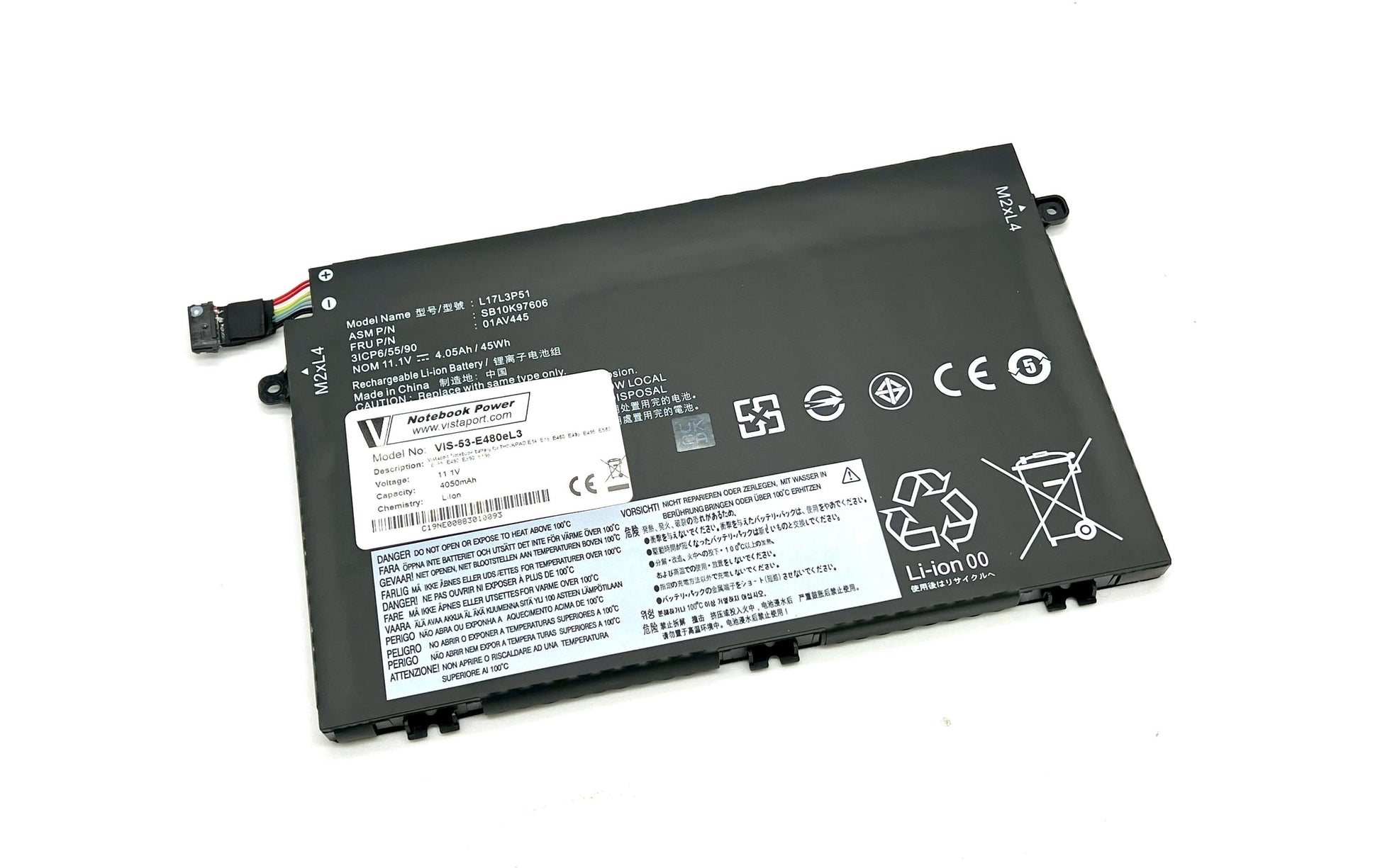 Vistaport Notebook-Akku – für Lenovo ThinkPad E14/E15, E480–E495, E580–E595 – 45 Wh – Schwarz
