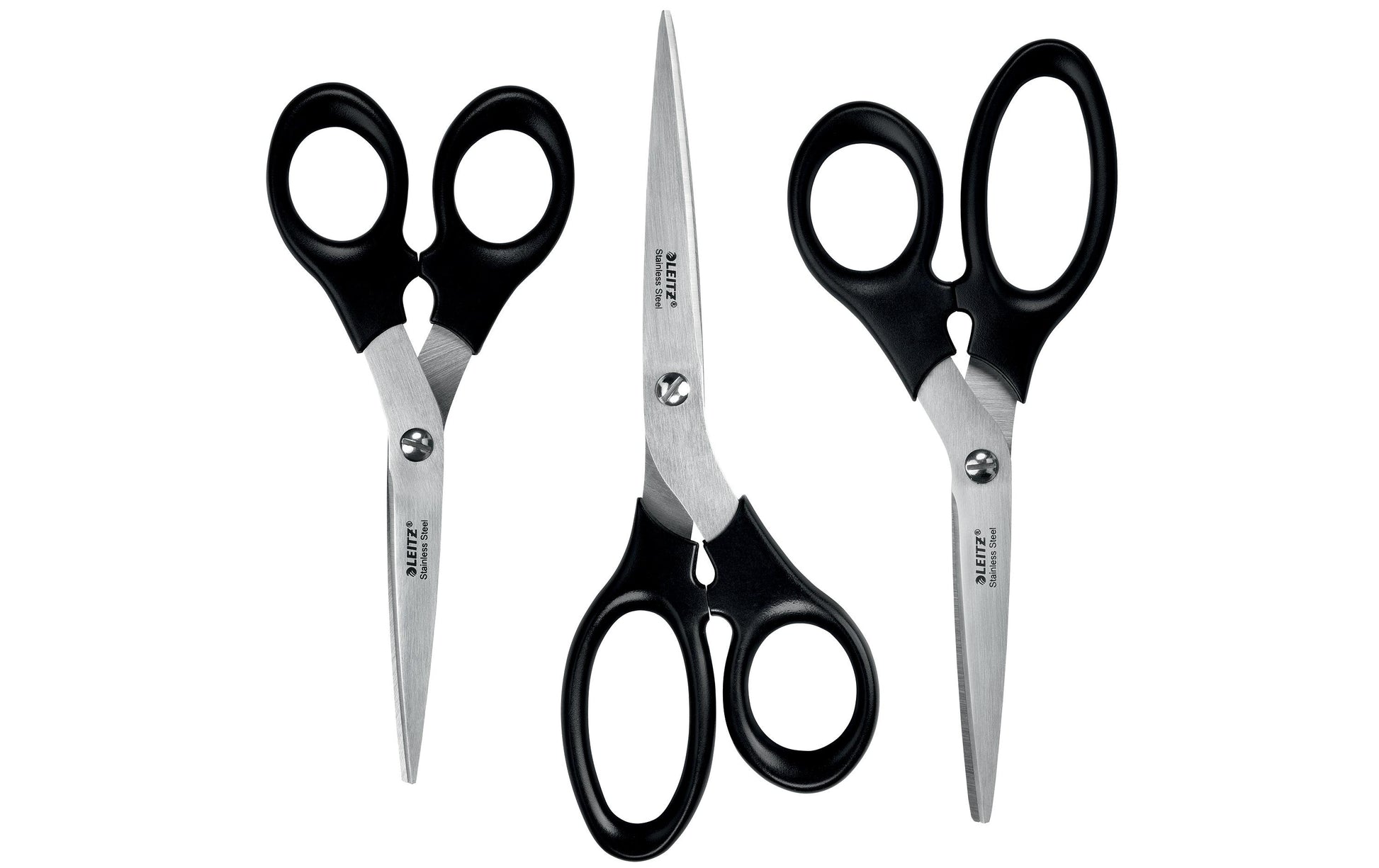 Leitz Scheren-Set 16,5 cm/18,5 cm/20,0 cm, für Rechts- und Linkshänder – Edelstahl, Schwarz, 3 Stk.