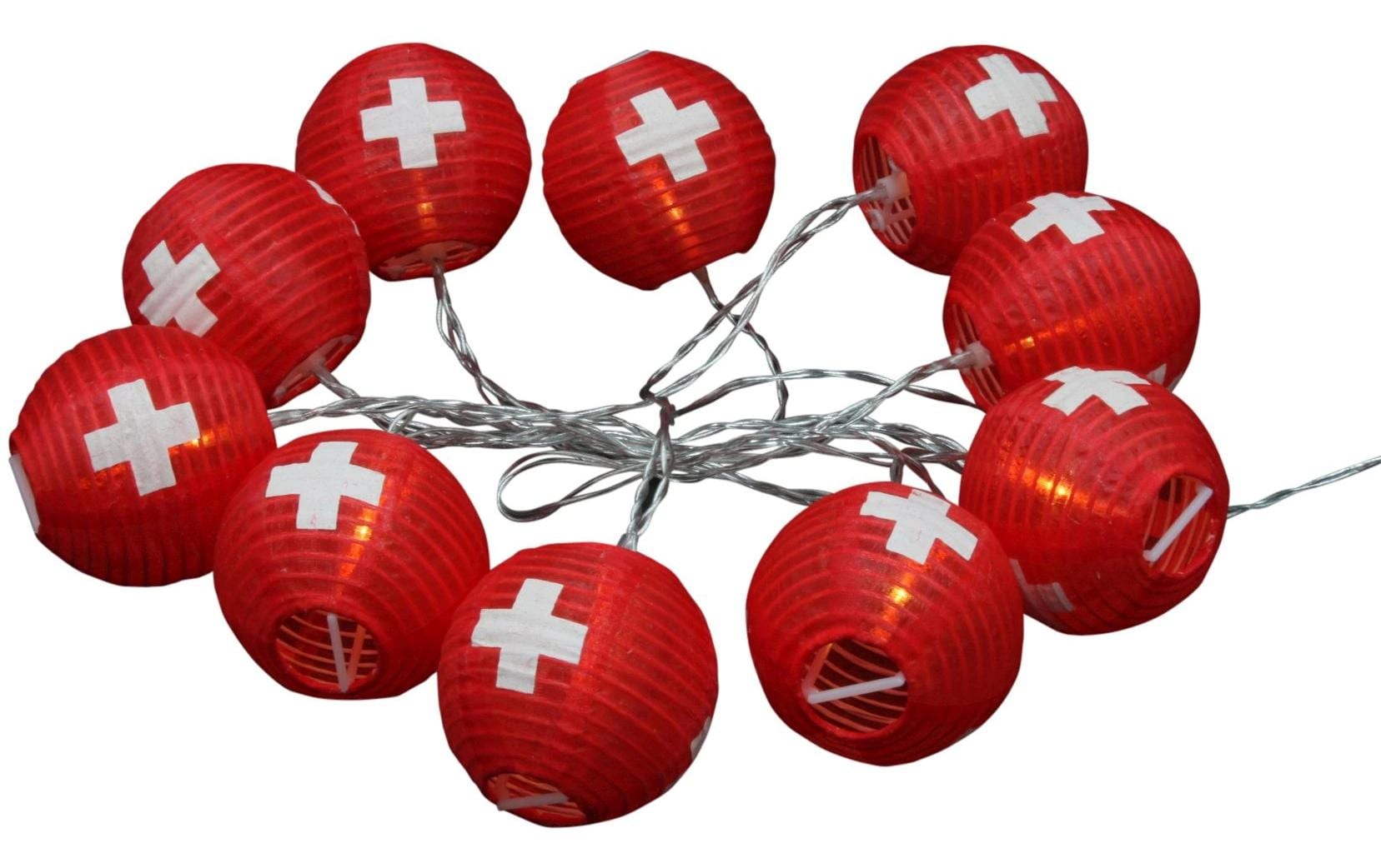 Dameco Lichterkette CH-Kreuz 6er-Set – 1,8 m – 10 LEDs, Warmweiss – Solarbetrieb – Nylon, Rot/Weiss