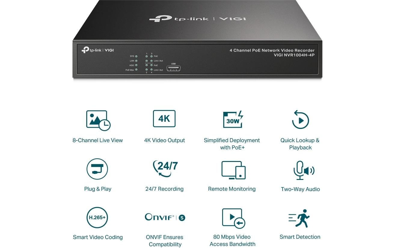 TP-Link VIGI NVR – 4 Kanäle, PoE+ 30 W, 4 PoE-Ports, für ONVIF