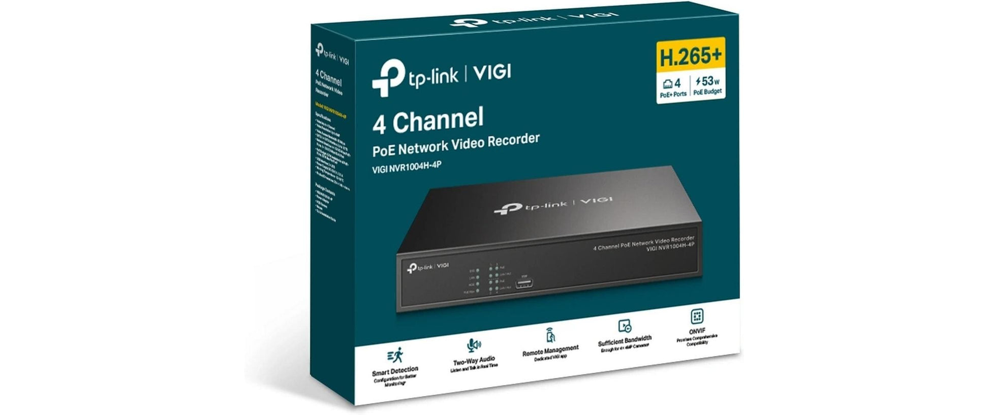 TP-Link VIGI NVR – 4 Kanäle, PoE+ 30 W, 4 PoE-Ports, für ONVIF