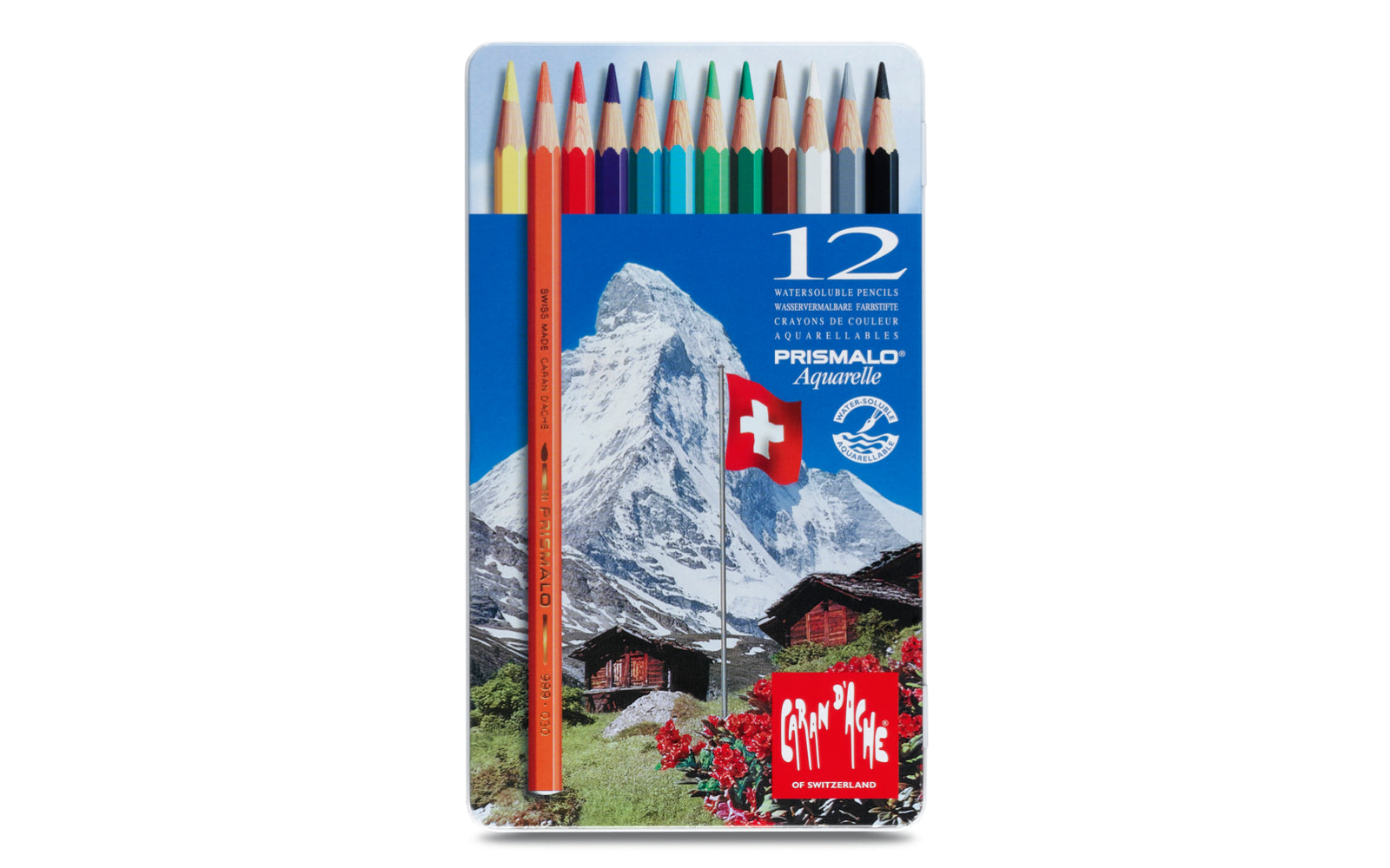 Caran d-Ache Caran d'Ache Prismalo Aquarellfarbstifte – 12 Farben, im Metalletui, Ø 3 mm, FSC