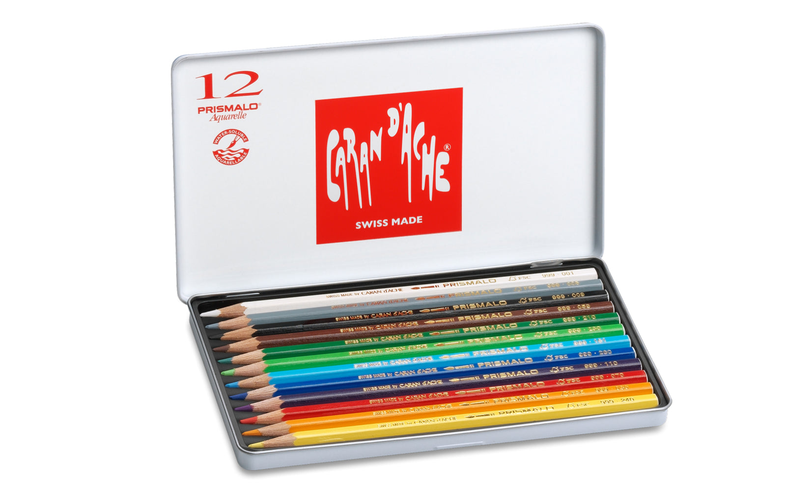 Caran d-Ache Caran d'Ache Prismalo Aquarellfarbstifte – 12 Farben, im Metalletui, Ø 3 mm, FSC