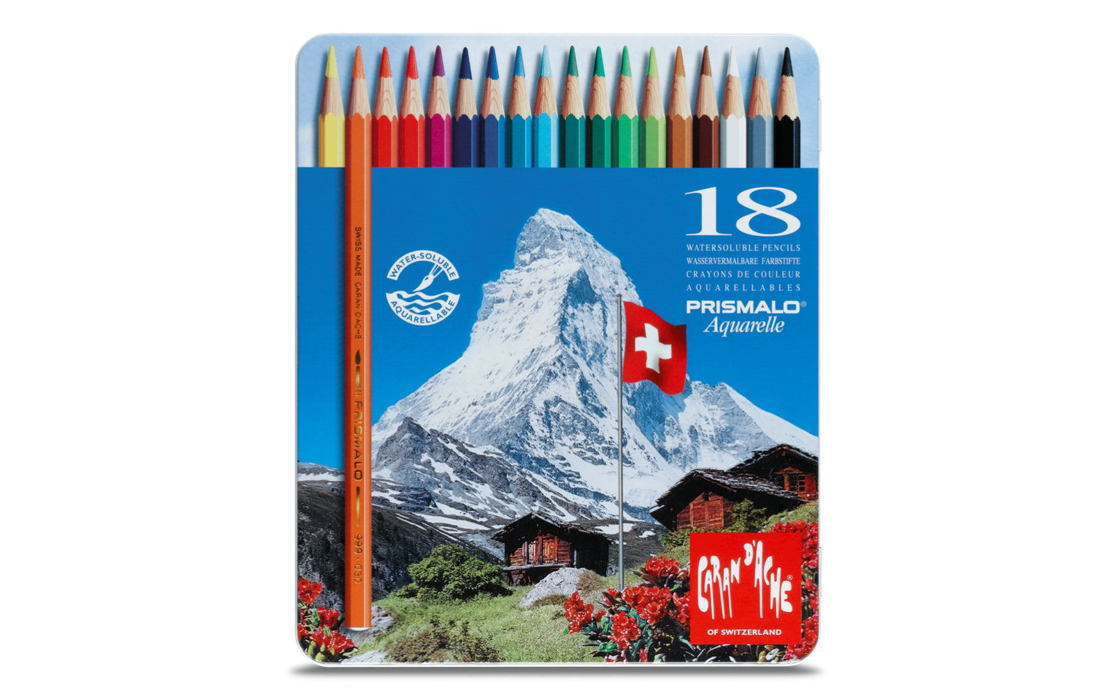 Caran d-Ache Caran d'Ache Prismalo Aquarellfarbstifte – 18 Farben, im Metalletui, Ø 3 mm, FSC