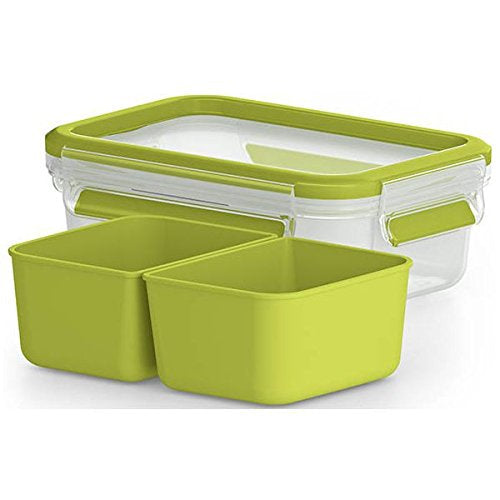 EMSA Lunchbox 550 ml, 11,3 × 16,3 × 5,8 cm, Polypropylen (PP)/TPE, transparent/grün, mit 2 Einsätzen