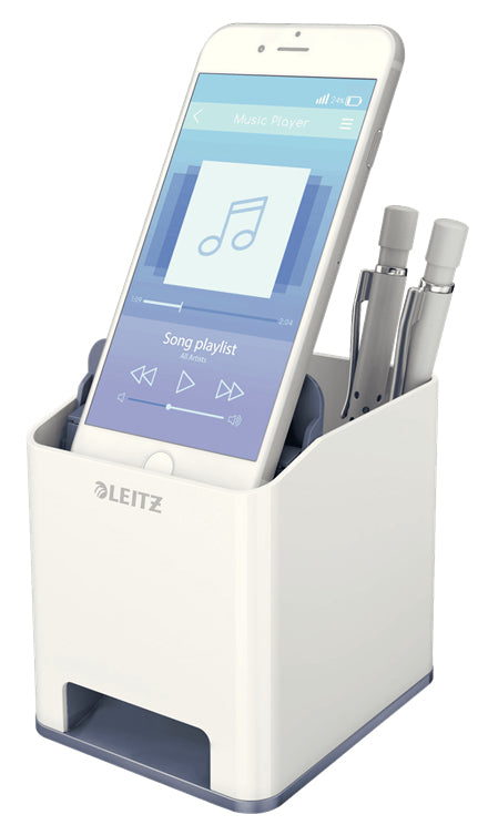 Leitz WOW 53631001 Stifteköcher – 2 Fächer, mit Smartphone-Fach, Soundverstärkung, Weiss, Polystyrol (PS)