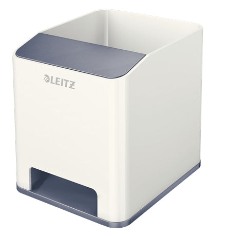 Leitz WOW 53631001 Stifteköcher – 2 Fächer, mit Smartphone-Fach, Soundverstärkung, Weiss, Polystyrol (PS)