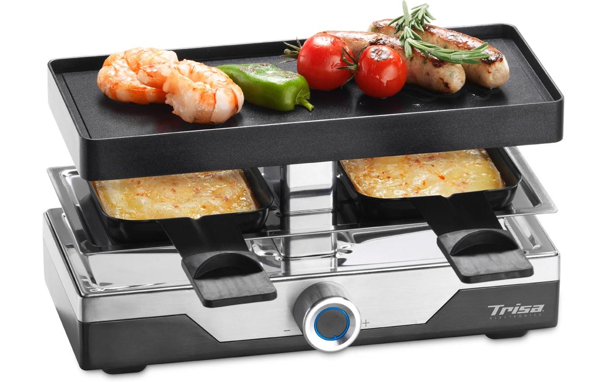 Trisa Electronics Trisa Raclette-Grill Premium – 2 Personen, 500 W, Aluguss-Grillplatte, Pfännchenablage – Edelstahl